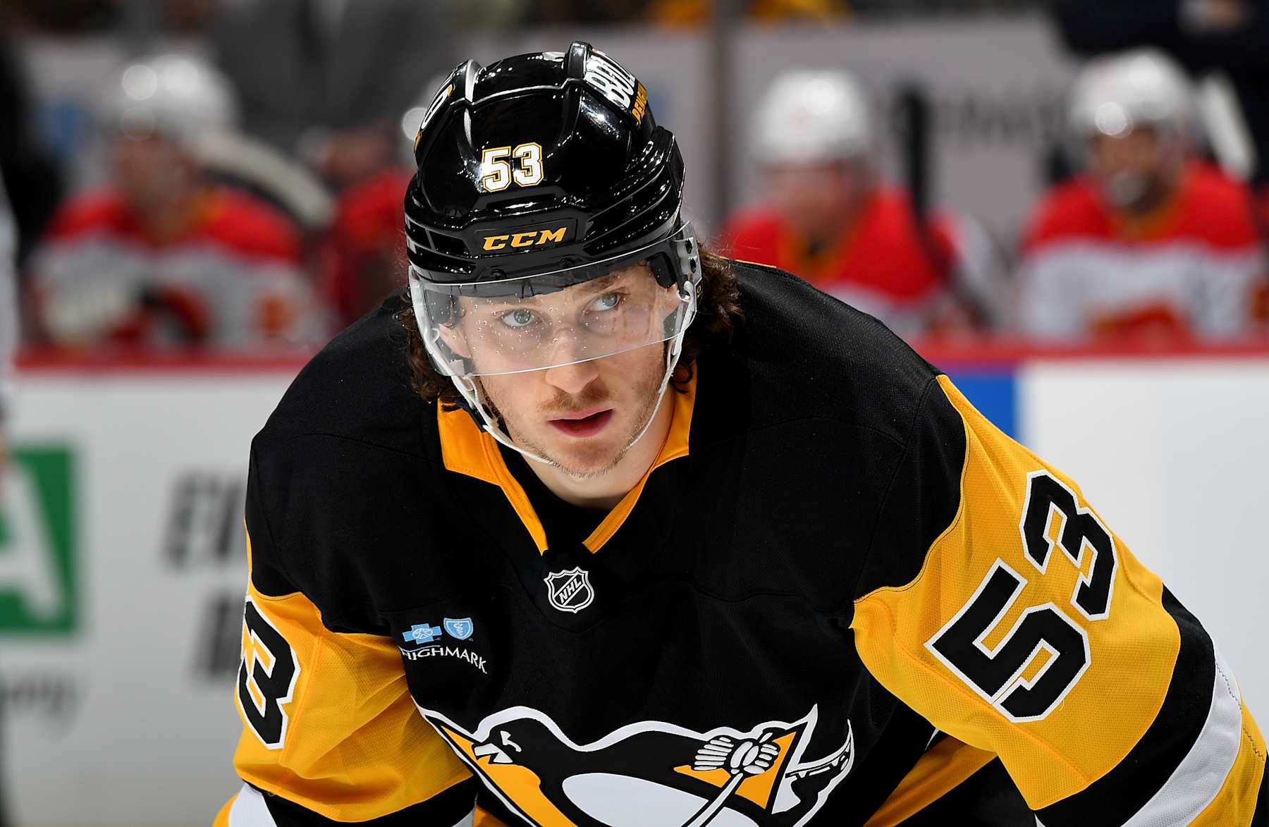 PITTSBURGH, PA - NOVEMBER 30:  Philip Tomasino #53 of the Pittsburgh Penguins look on against the Calgary Flames at PPG PAINTS Arena on November 30, 2024 in Pittsburgh, Pennsylvania. (Photo by Joe Sargent/NHLI via Getty Images)