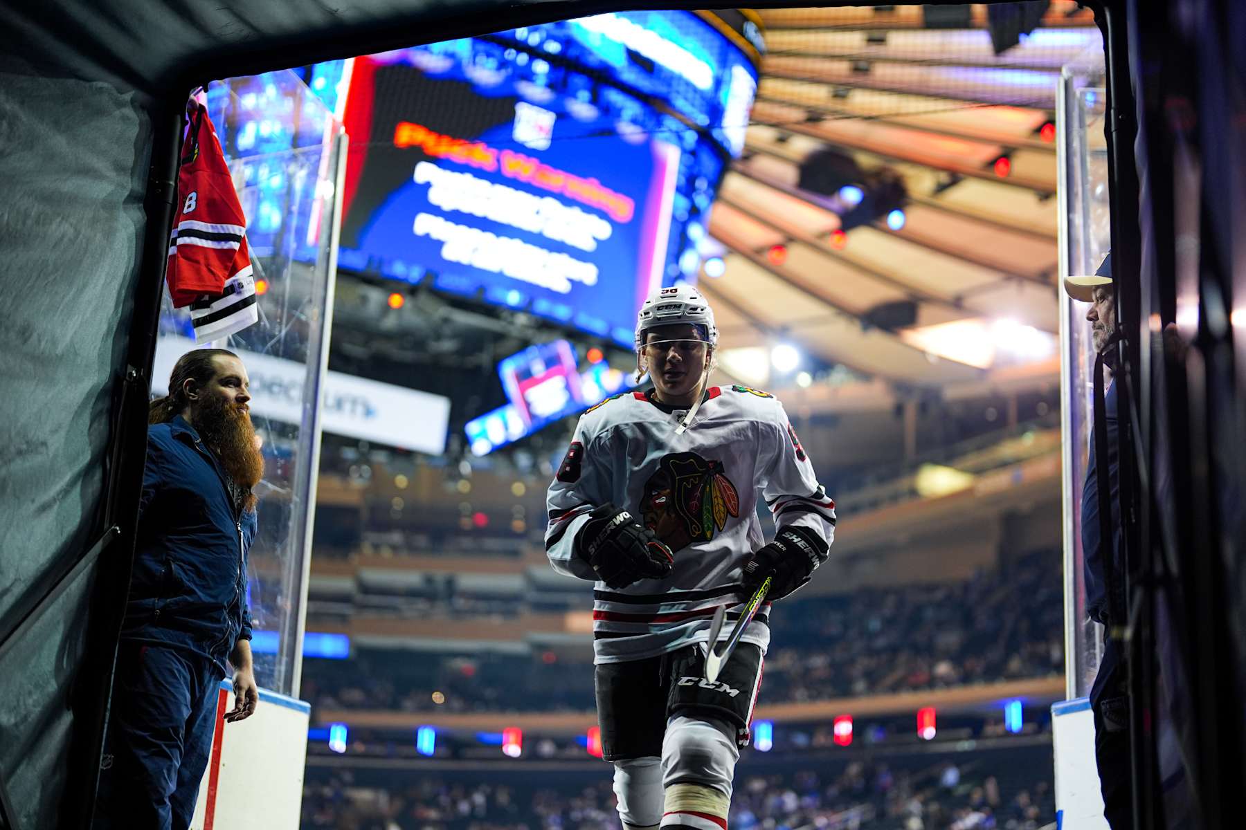 NEW YORK, NEW YORK - DECEMBER 09:  Connor Bedard #98 of the Chicago Blackhawks exits the ice after warmups prior to the game against the New York Rangers at Madison Square Garden on December 9, 2024 in New York City. (Photo by Jared Silber/NHLI via Getty Images)