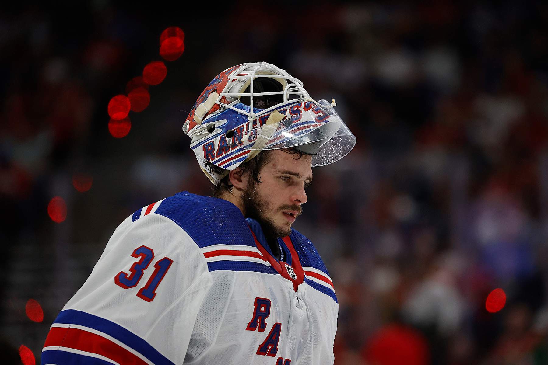 SUNRISE, FLORIDA - MAY 26: Goaltender Igor Shesterkin #31 of the New York Rangers skates the ice during a break in the action against the Florida Panthers in Game Three of the Eastern Conference Final at the Amerant Bank Arena on May 26, 2024 in Sunrise, Florida. (Photo by Eliot J. Schechter/NHLI via Getty Images)