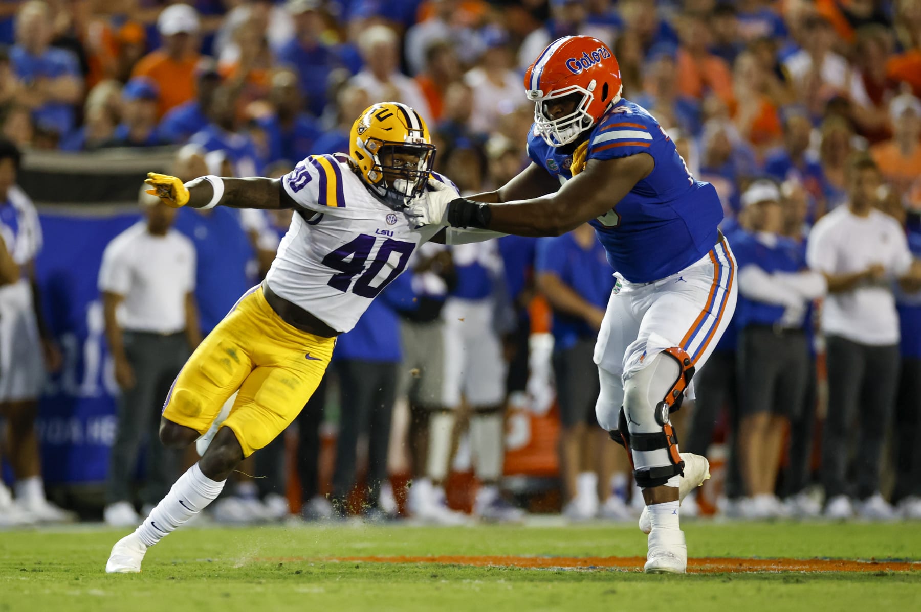 GAINESVILLE, FL - OCTOBER 15: LSU Tigers linebacker Harold Perkins Jr. (40) is blocked by Florida Gators offensive lineman Richard Gouraige (76) during the game between the LSU Tigers and the Florida Gators on October 15, 2022 at Ben Hill Griffin Stadium at Florida Field in Gainesville, Fl. (Photo by David Rosenblum/Icon Sportswire via Getty Images)