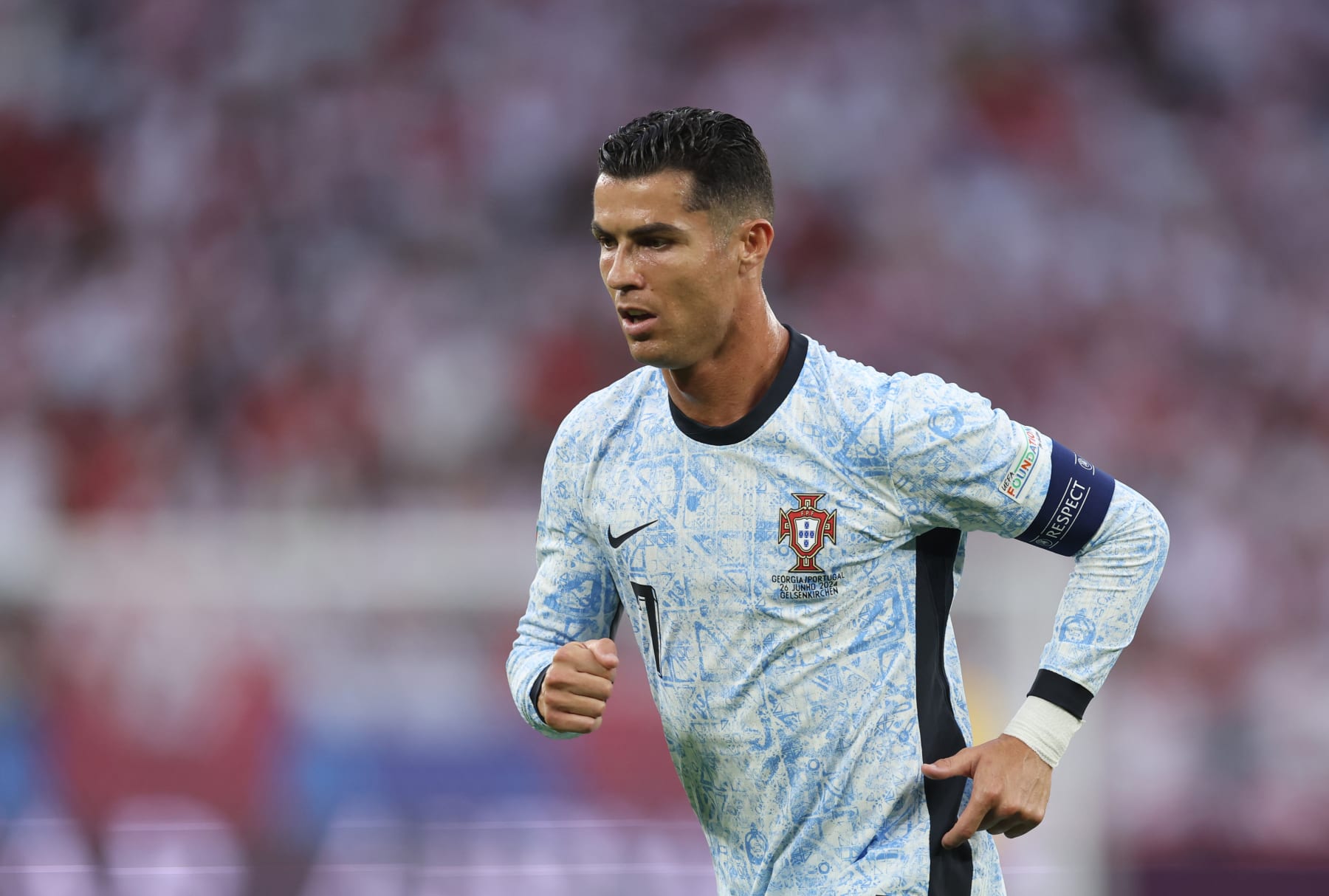 GELSENKIRCHEN, GERMANY - JUNE 26: Cristiano Ronaldo of Portugal  during the UEFA EURO 2024 group stage match between Georgia and Portugal at Arena AufSchalke on June 26, 2024 in Gelsenkirchen, Germany. (Photo by Catherine Ivill - AMA/Getty Images)
