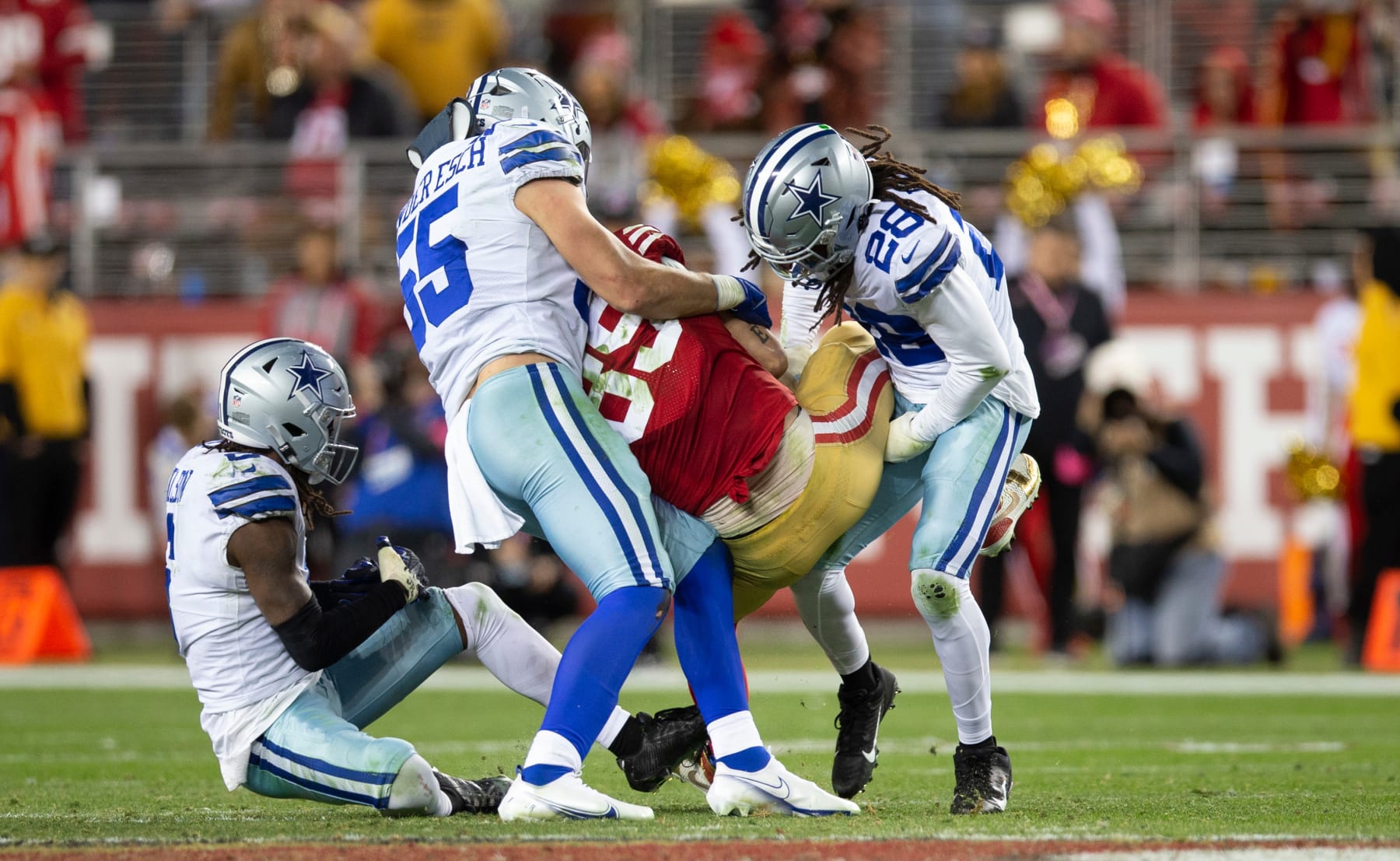 SANTA CLARA, CA - JANUARY 22: George Kittle #85 of the San Francisco 49ers runs after making a catch during the NFC Divisional playoff game against the Dallas Cowboys at Levi's Stadium on January 22, 2023 in Santa Clara, California. The 49ers defeated the Cowboys 19-12. (Photo by Michael Zagaris/San Francisco 49ers/Getty Images)