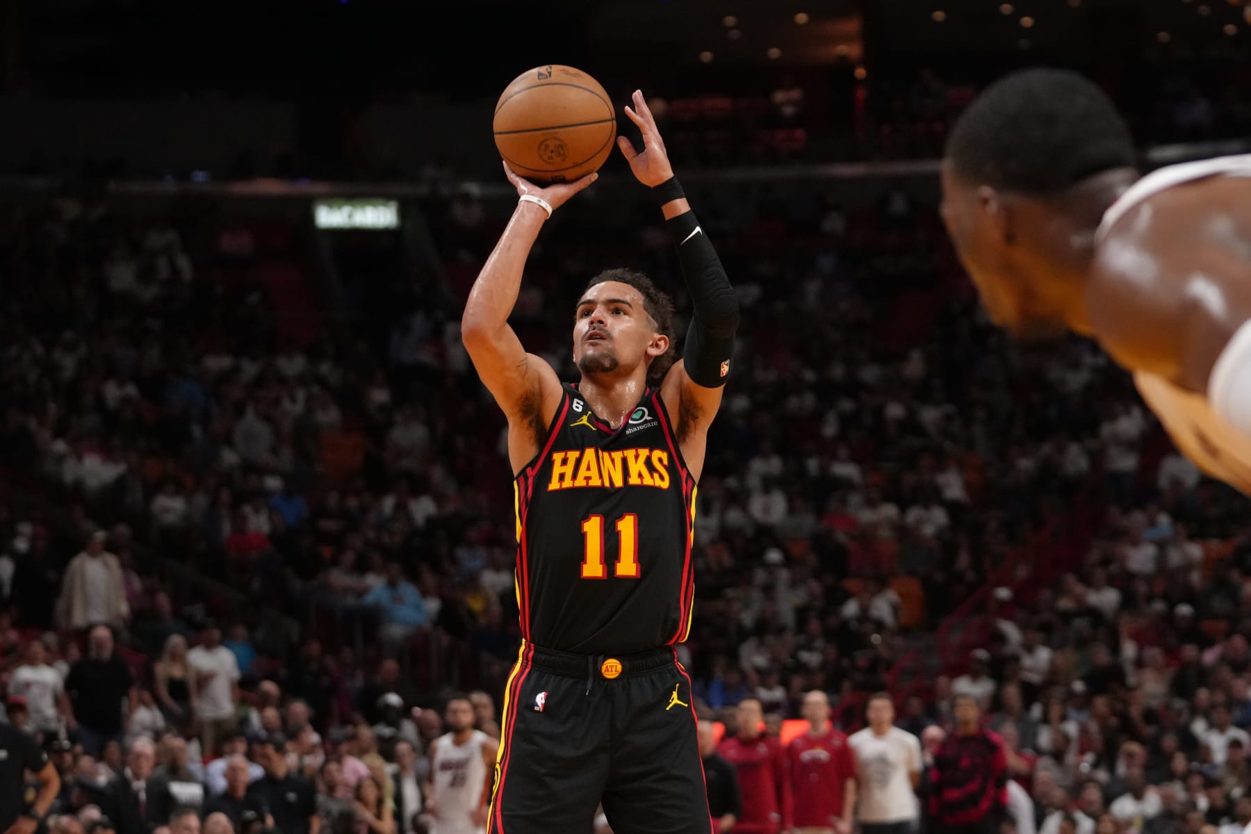 MIAMI, FL - APRIL 11: Trae Young #11 of the Atlanta Hawks shoots a free throw during the 2023 Play-In Tournament against the Miami Heat on April 11, 2023 at Kaseya Center in Miami, Florida. NOTE TO USER: User expressly acknowledges and agrees that, by downloading and or using this Photograph, user is consenting to the terms and conditions of the Getty Images License Agreement. Mandatory Copyright Notice: Copyright 2023 NBAE (Photo by Eric Espada/NBAE via Getty Images)