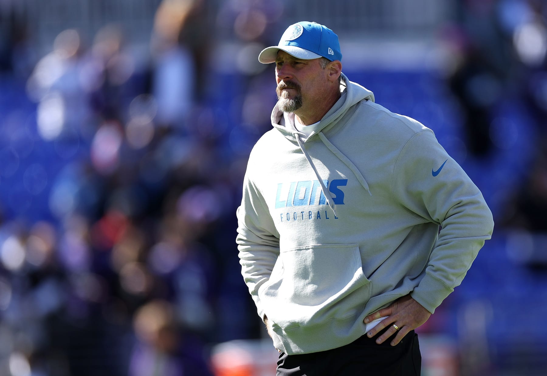 BALTIMORE, MARYLAND - OCTOBER 22: Head coach Dan Campbell of the Detroit Lions looks on before the game against the Baltimore Ravens at M&T Bank Stadium on October 22, 2023 in Baltimore, Maryland. (Photo by Patrick Smith/Getty Images)