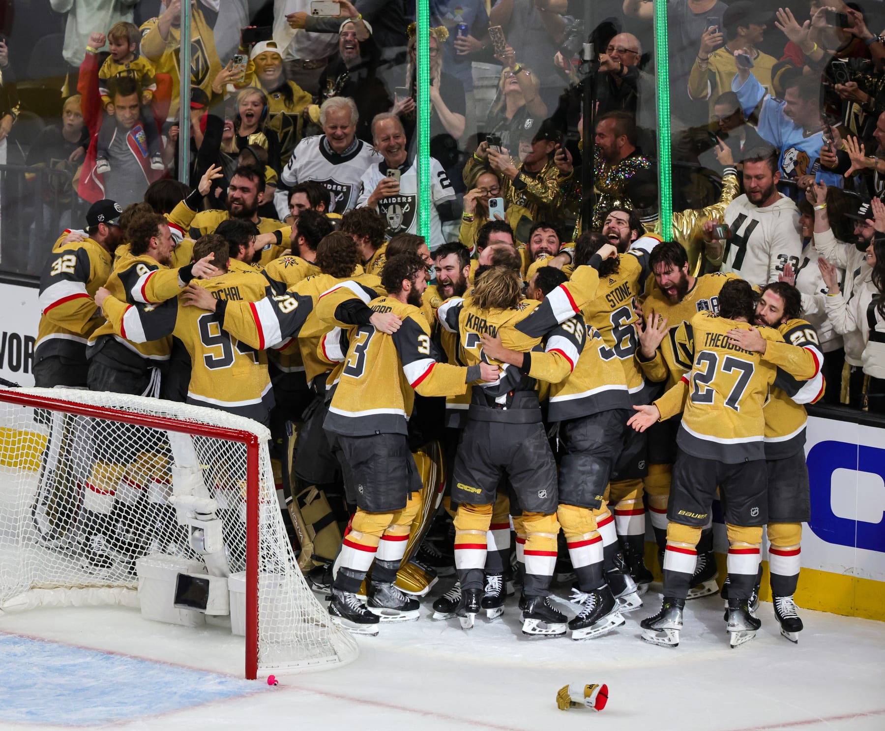 LAS VEGAS, NEVADA - JUNE 13: The Vegas Golden Knights celebrate their 9-3 victory over the Florida Panthers in Game Five of the 2023 NHL Stanley Cup Final to win the championship four games to one at T-Mobile Arena on June 13, 2023 in Las Vegas, Nevada. (Photo by Ethan Miller/Getty Images)
