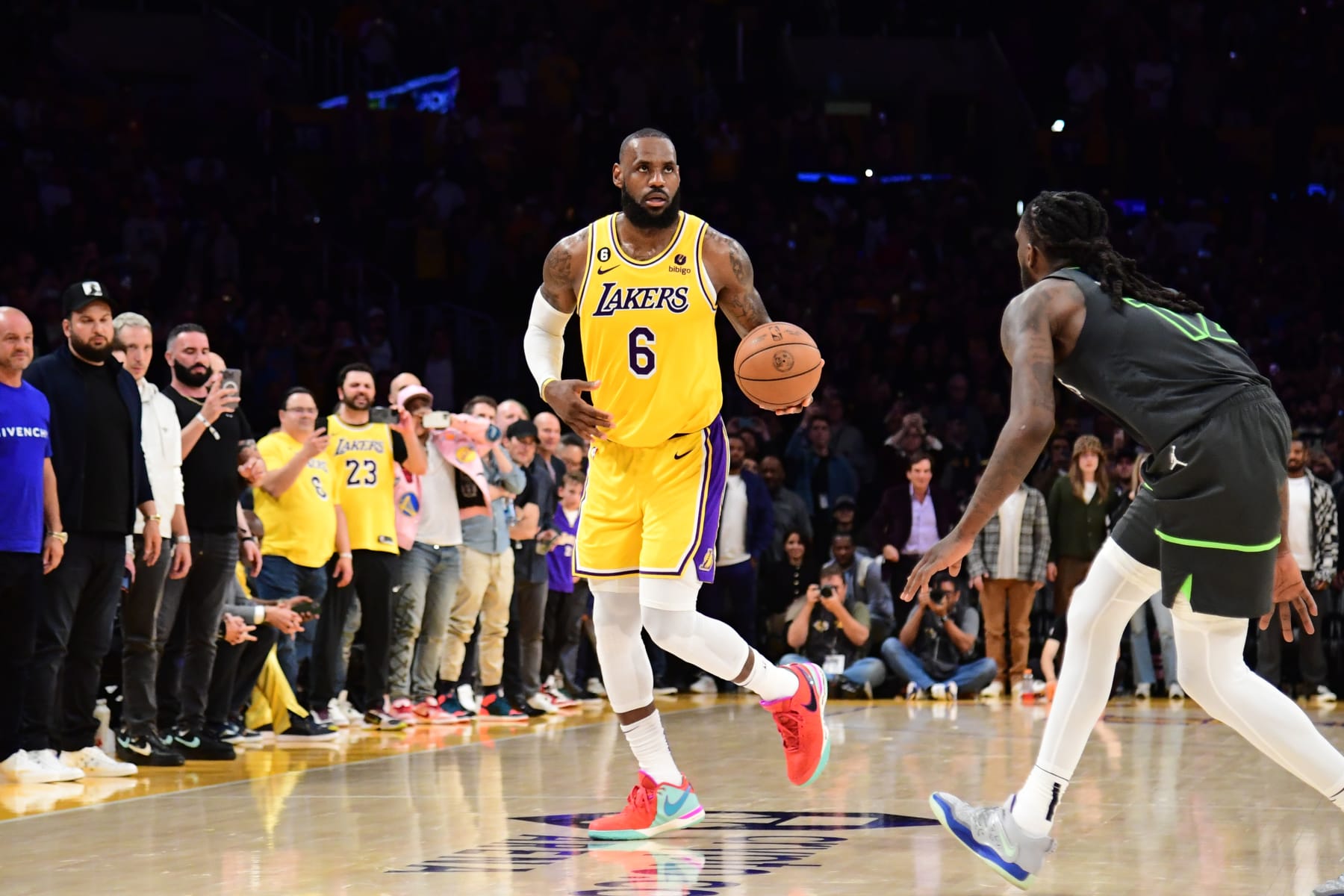 LOS ANGELES, CA - APRIL 11: LeBron James #6 of the Los Angeles Lakers dribbles the ball during the game against the Minnesota Timberwolves during the 2023 Play-In Tournament on April 11, 2023 at Crypto.Com Arena in Los Angeles, California. NOTE TO USER: User expressly acknowledges and agrees that, by downloading and/or using this Photograph, user is consenting to the terms and conditions of the Getty Images License Agreement. Mandatory Copyright Notice: Copyright 2023 NBAE (Photo by Adam Pantozzi/NBAE via Getty Images)