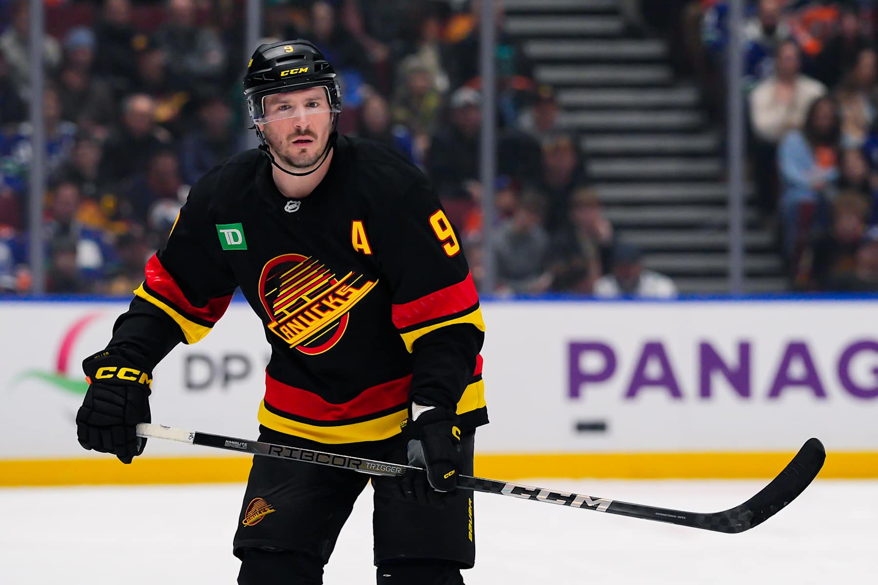 VANCOUVER, CANADA - JANUARY 18: J.T. Miller #9 of the Vancouver Canucks skates during the third period of their NHL game against the Edmonton Oilers at Rogers Arena on January 18, 2025 in Vancouver, British Columbia, Canada. (Photo by Derek Cain/Getty Images)