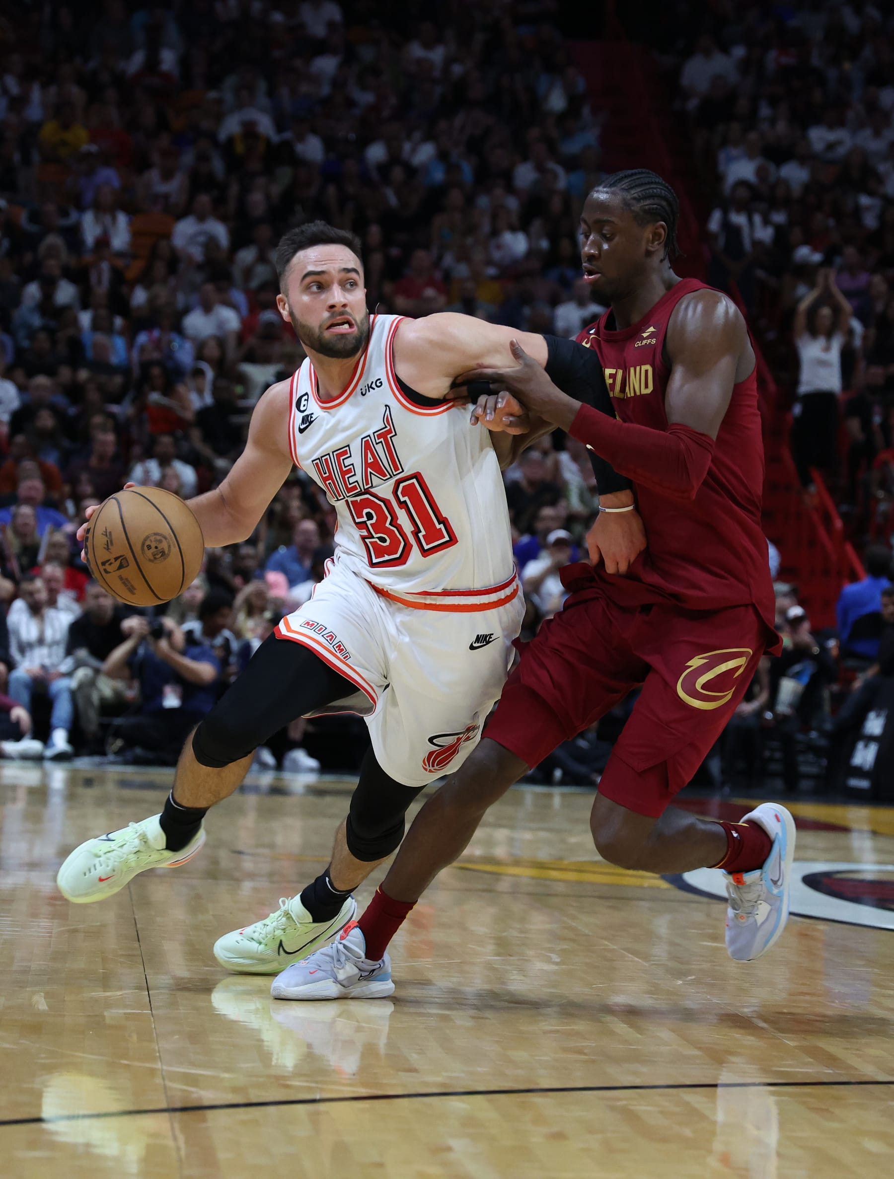 MIAMI, FLORIDA - MARCH 10:   Max Strus #31 of the Miami Heat in action against the Cleveland Cavaliers during their game at the  Miami-Dade Arena on March 10, 2023 in Miami, Florida.  User expressly acknowledges and agrees that, by downloading and or using this photograph, User is consenting to the terms and conditions of the Getty Images License Agreement.   (Photo by Al Bello/Getty Images)
