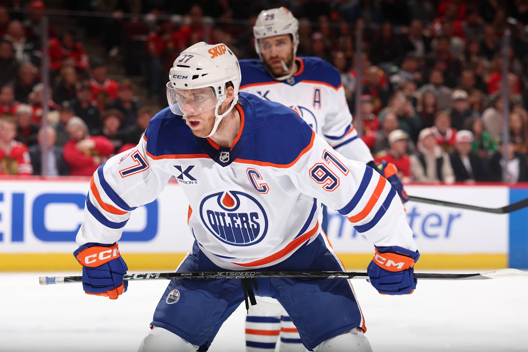 CHICAGO, ILLINOIS - FEBRUARY 05: Connor McDavid #97 of the Edmonton Oilers waits for the face-off in the first period against the Chicago Blackhawks at the United Center on February 05, 2025 in Chicago, Illinois. (Photo by Chase Agnello-Dean/NHLI via Getty Images)