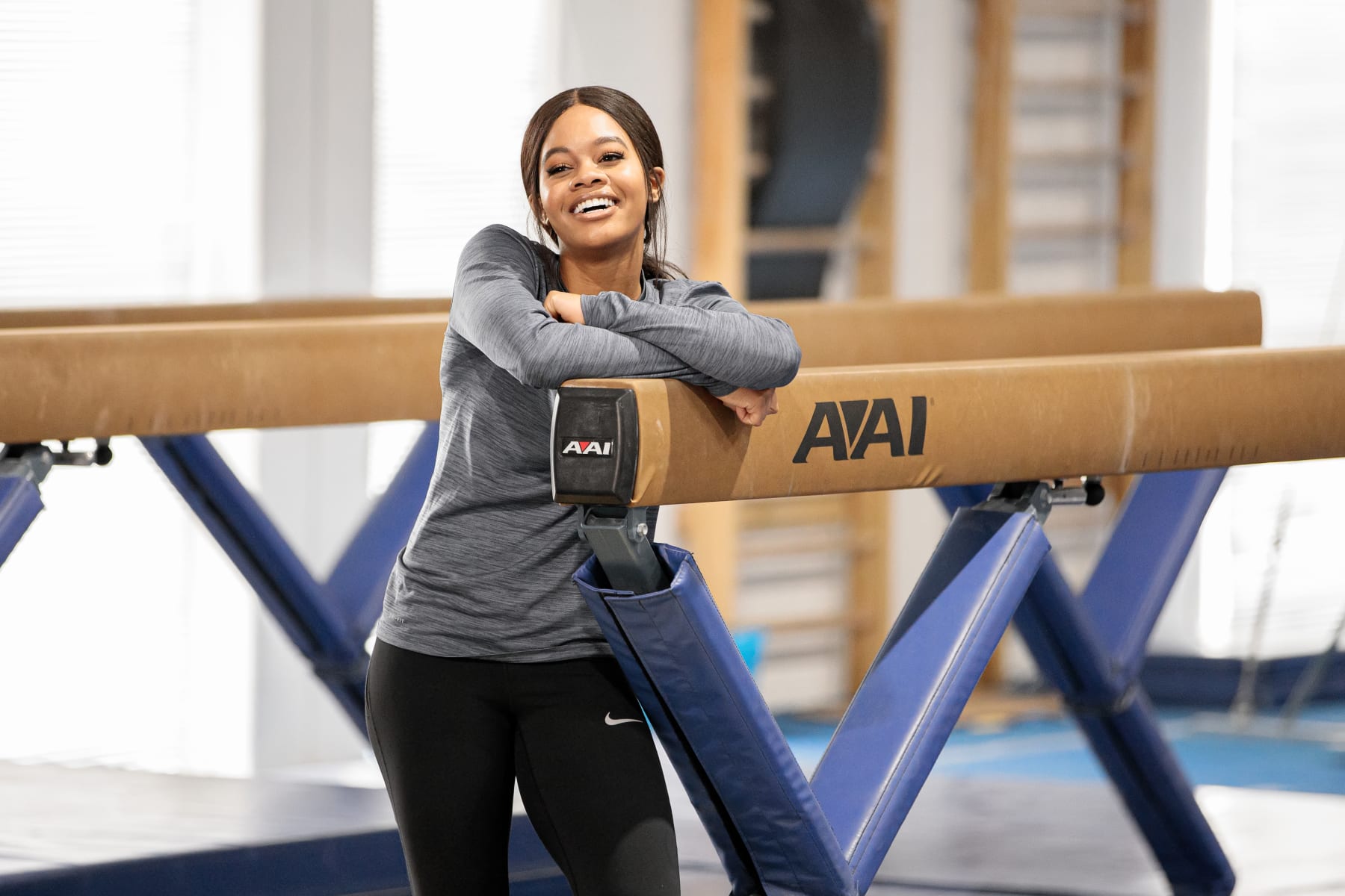 SANTA MONICA, CALIFORNIA - MARCH 02:  Olympic gymnast Gabby Douglas teaches Jay Pharoah gymnastics on the IMDb Series “Special Skills” in Los Angeles, California.  This episode of “Special Skills” airs on March 10, 2020. (Photo by Rich Polk/Getty Images for IMDb)