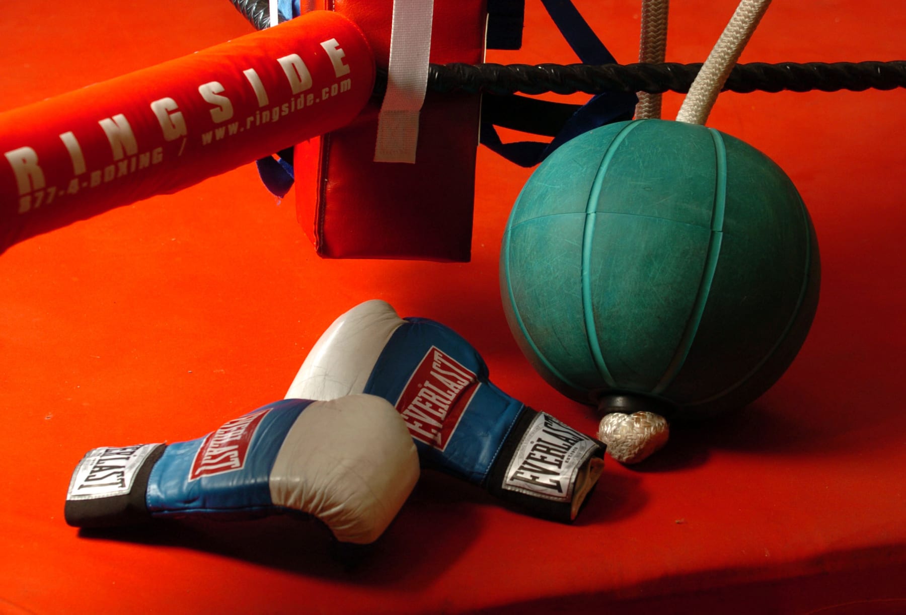 NEW ZEALAND - FEBRUARY 08:  Stock Photography. Generic Boxing Image. Everlast boxing gloves and a medicine ball photographed outside a boxing ring.  (Photo by Ross Land/Getty Images)
