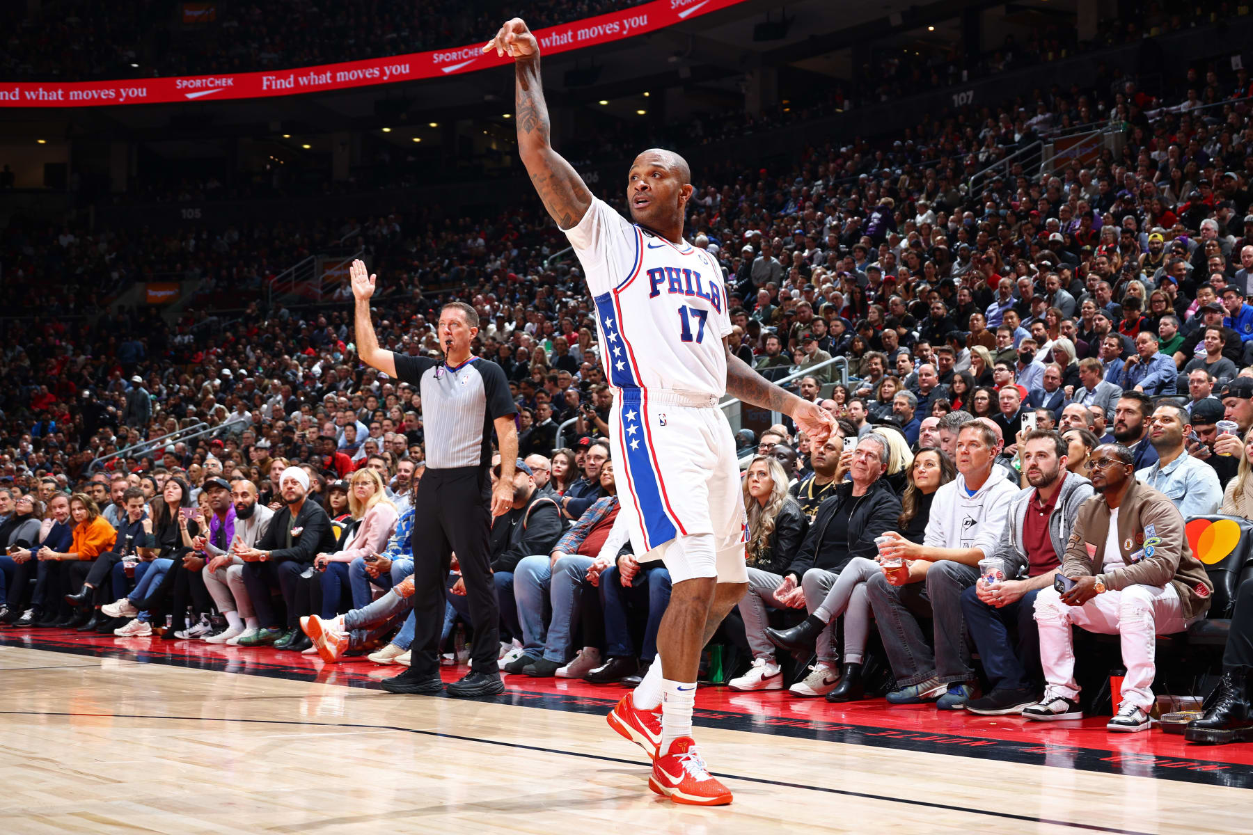 TORONTO, CANADA - OCTOBER 26: P.J. Tucker #17 of the Philadelphia 76ers celebrates a three point basket against the Toronto Raptors on October 26, 2022 at the Scotiabank Arena in Toronto, Ontario, Canada. NOTE TO USER: User expressly acknowledges and agrees that, by downloading and or using this Photograph, user is consenting to the terms and conditions of the Getty Images License Agreement. Mandatory Copyright Notice: Copyright 2022 NBAE (Photo by Vaughn Ridley/NBAE via Getty Images)