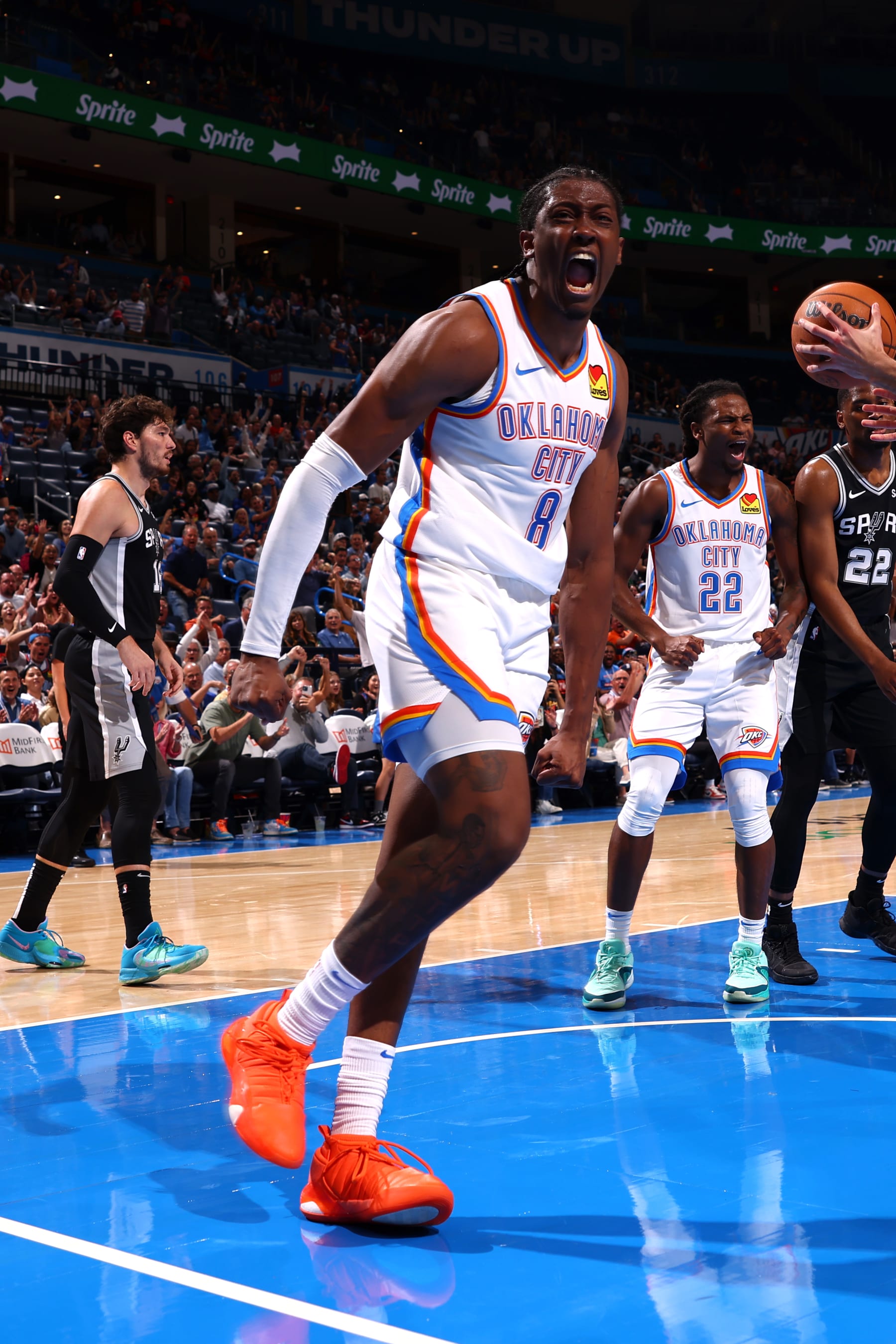 OKLAHOMA CITY, OK - OCTOBER 9: Jalen Williams #8 of the Oklahoma City Thunder celebrates against the San Antonio Spurs on October 9, 2023 at Paycom Arena in Oklahoma City, Oklahoma. NOTE TO USER: User expressly acknowledges and agrees that, by downloading and or using this photograph, User is consenting to the terms and conditions of the Getty Images License Agreement. Mandatory Copyright Notice: Copyright 2023 NBAE (Photo by Zach Beeker/NBAE via Getty Images)