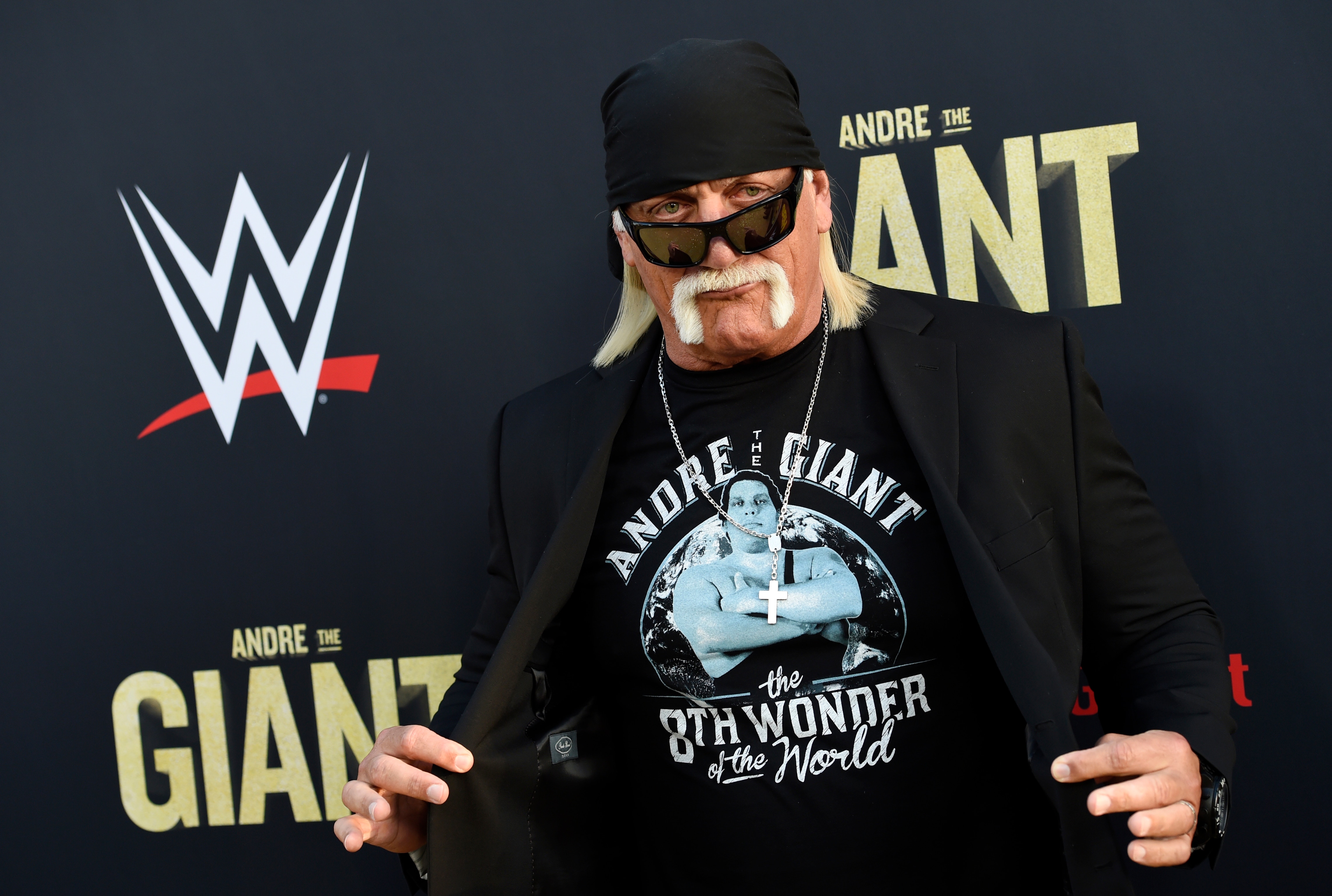 Professional wrestler Hulk Hogan poses at the premiere of the HBO documentary film "Andre the Giant" at the ArcLight Hollywood on Thursday, March 29, 2018, in Los Angeles. The film explores the life of World Wrestling Entertainment legend Andre Rene Roussimoff. (Photo by Chris Pizzello/Invision/AP)