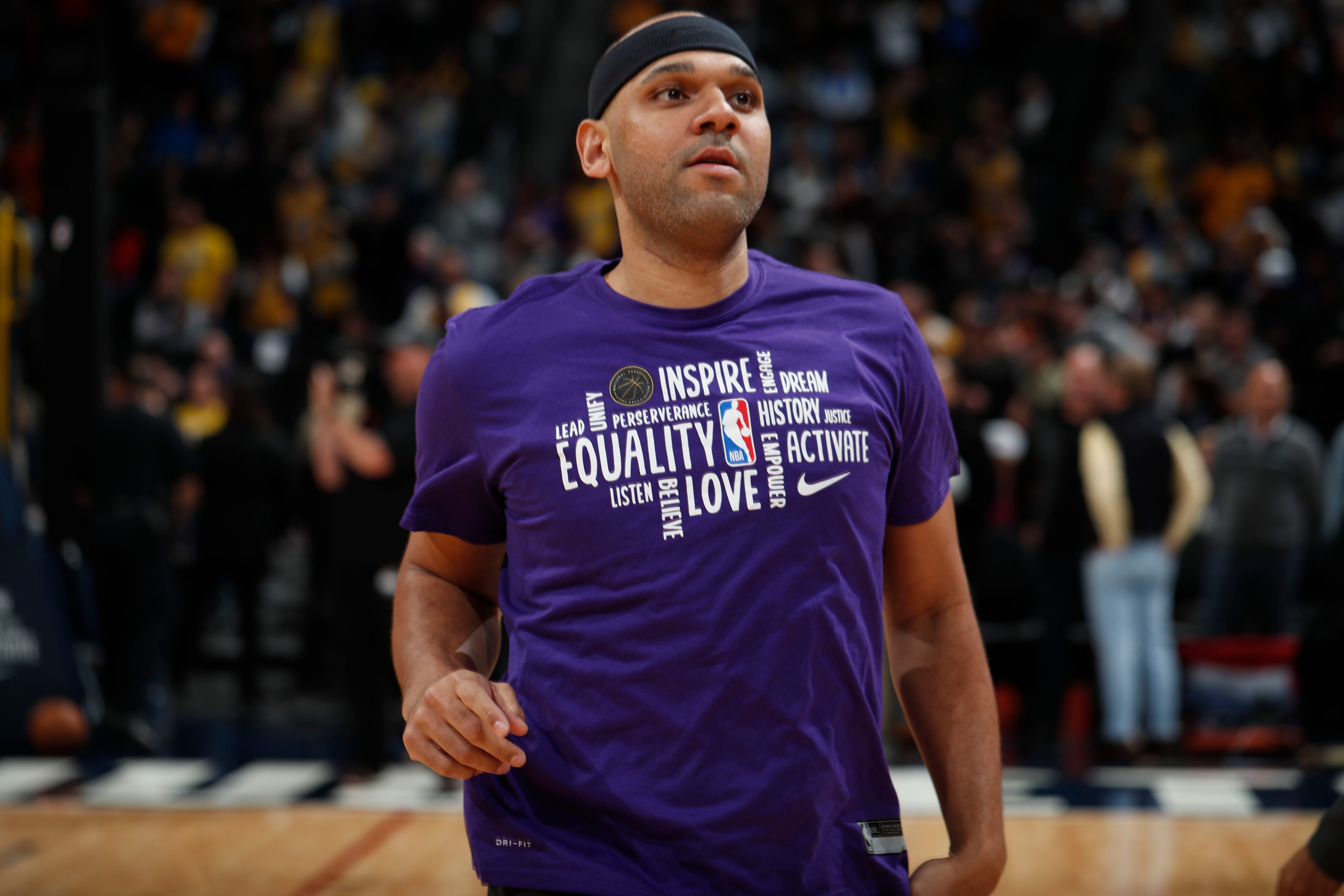 Los Angeles Lakers forward Jared Dudley (10) in the first half of an NBA basketball game Wednesday, Feb. 12, 2020, in Denver. (AP Photo/David Zalubowski)