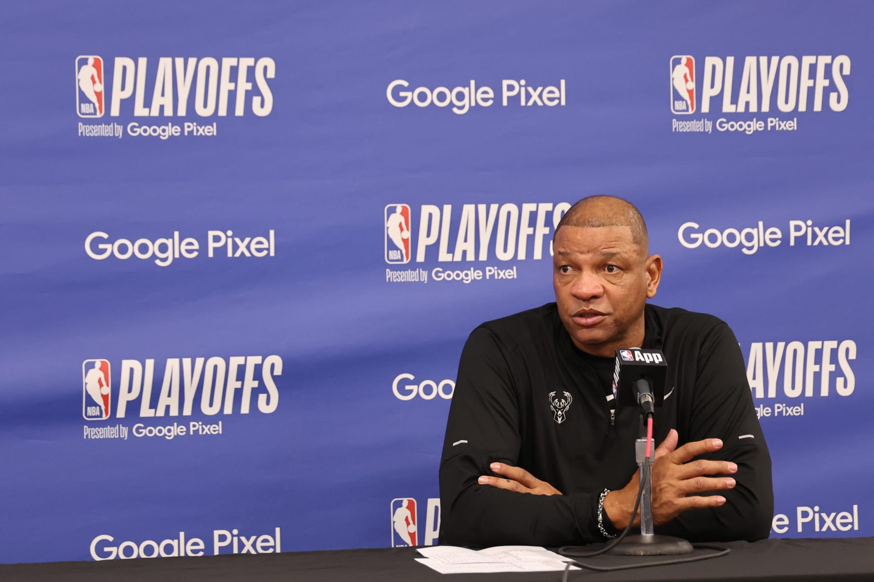 INDIANAPOLIS, IN - MAY 2: Head Coach Doc Rivers of the Milwaukee Bucks talks to the media after the game against the Indiana Pacers during Round 1 Game 6 of the 2024 NBA Playoffs on May 2, 2024 at Gainbridge Fieldhouse in Indianapolis, Indiana. NOTE TO USER: User expressly acknowledges and agrees that, by downloading and or using this Photograph, user is consenting to the terms and conditions of the Getty Images License Agreement. Mandatory Copyright Notice: Copyright 2024 NBAE (Photo by Jeff Haynes/NBAE via Getty Images)
