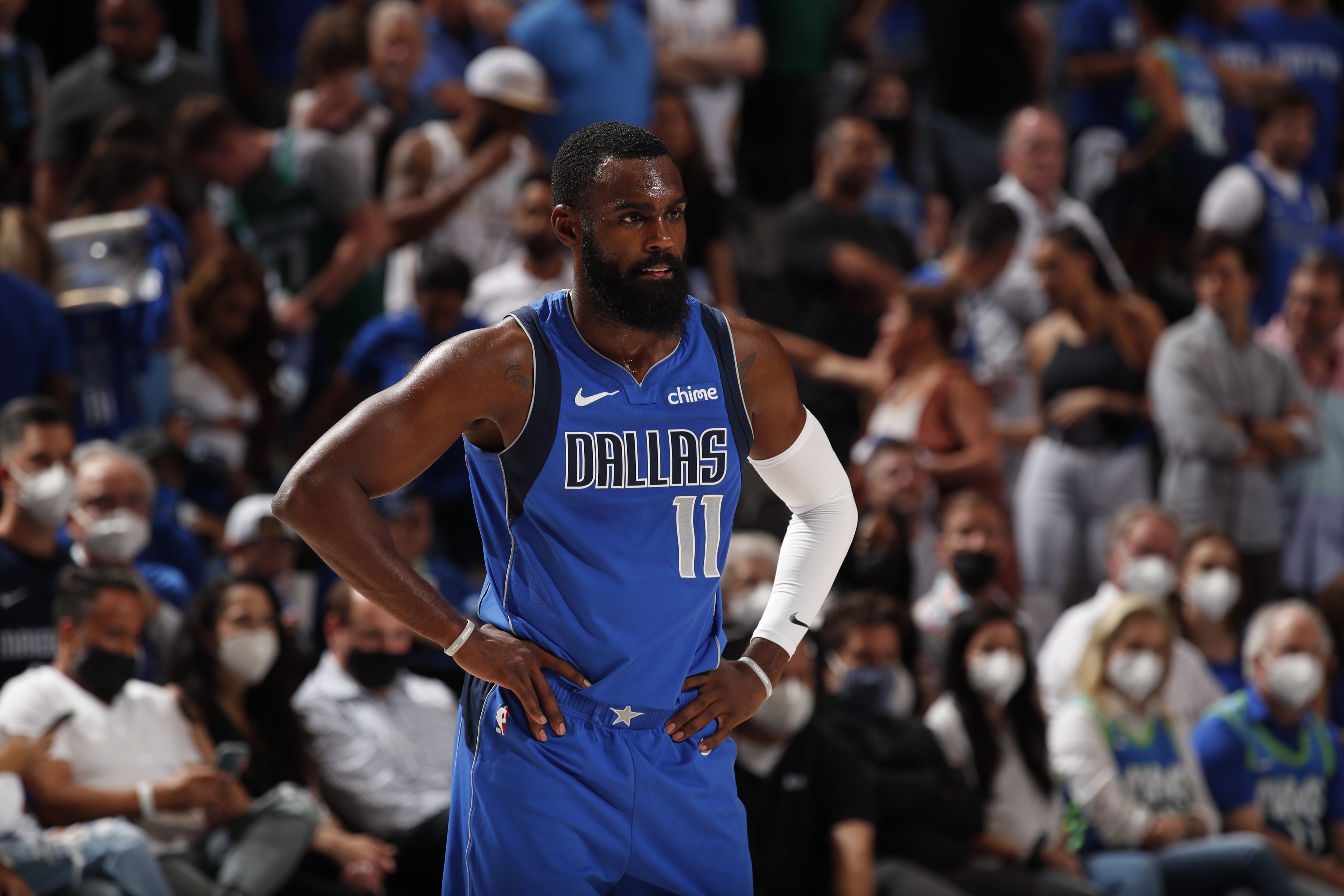 DALLAS, TX - JUNE 4: Tim Hardaway Jr. #11 of the Dallas Mavericks looks on during the game against the LA Clippers during Round 1, Game 6 of the 2021 NBA Playoffs on June 4, 2021 at the American Airlines Center in Dallas, Texas. NOTE TO USER: User expressly acknowledges and agrees that, by downloading and or using this photograph, User is consenting to the terms and conditions of the Getty Images License Agreement. Mandatory Copyright Notice: Copyright 2021 NBAE (Photo by Jeff Haynes/NBAE via Getty Images)