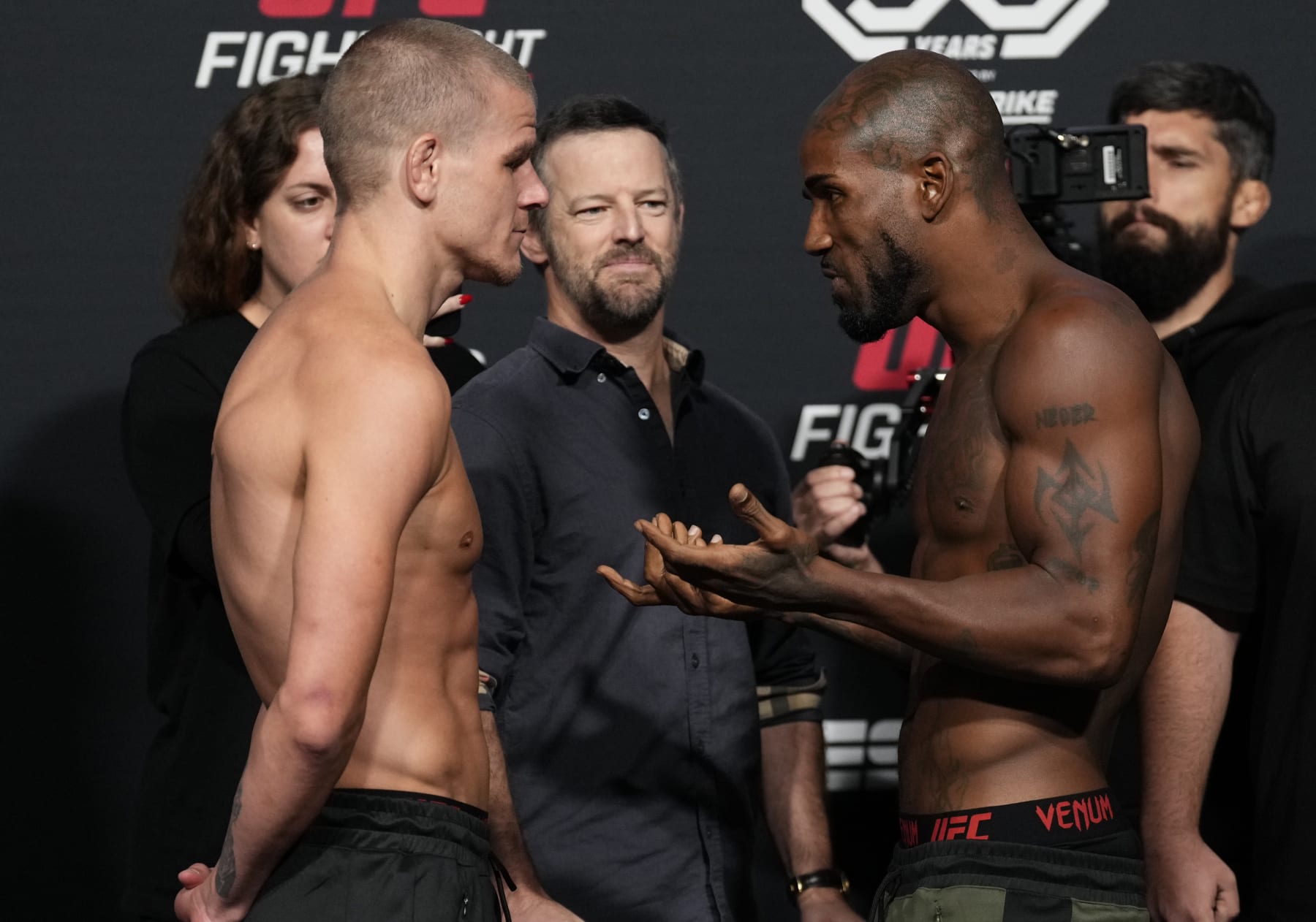 LAS VEGAS, NEVADA - OCTOBER 06: (L-R) Opponents Grant Dawson and Bobby Green face off during the UFC Fight Night weigh-in at UFC APEX on October 06, 2023 in Las Vegas, Nevada. (Photo by Mike Roach/Zuffa LLC via Getty Images)
