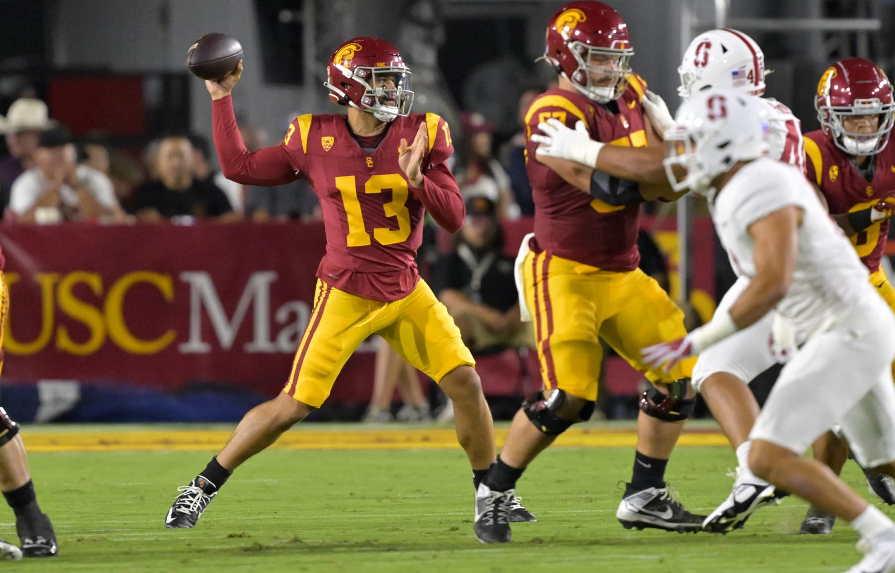 LOS ANGELES, CALIFORNIA - SEPTEMBER 9: Quarterback Caleb Williams #13 of the USC Trojans throws a pass against the Stanford Cardinal at United Airlines Field at the Los Angeles Memorial Coliseum on September 9, 2023 in Los Angeles, California. (Photo by Jayne Kamin-Oncea/Getty Images)