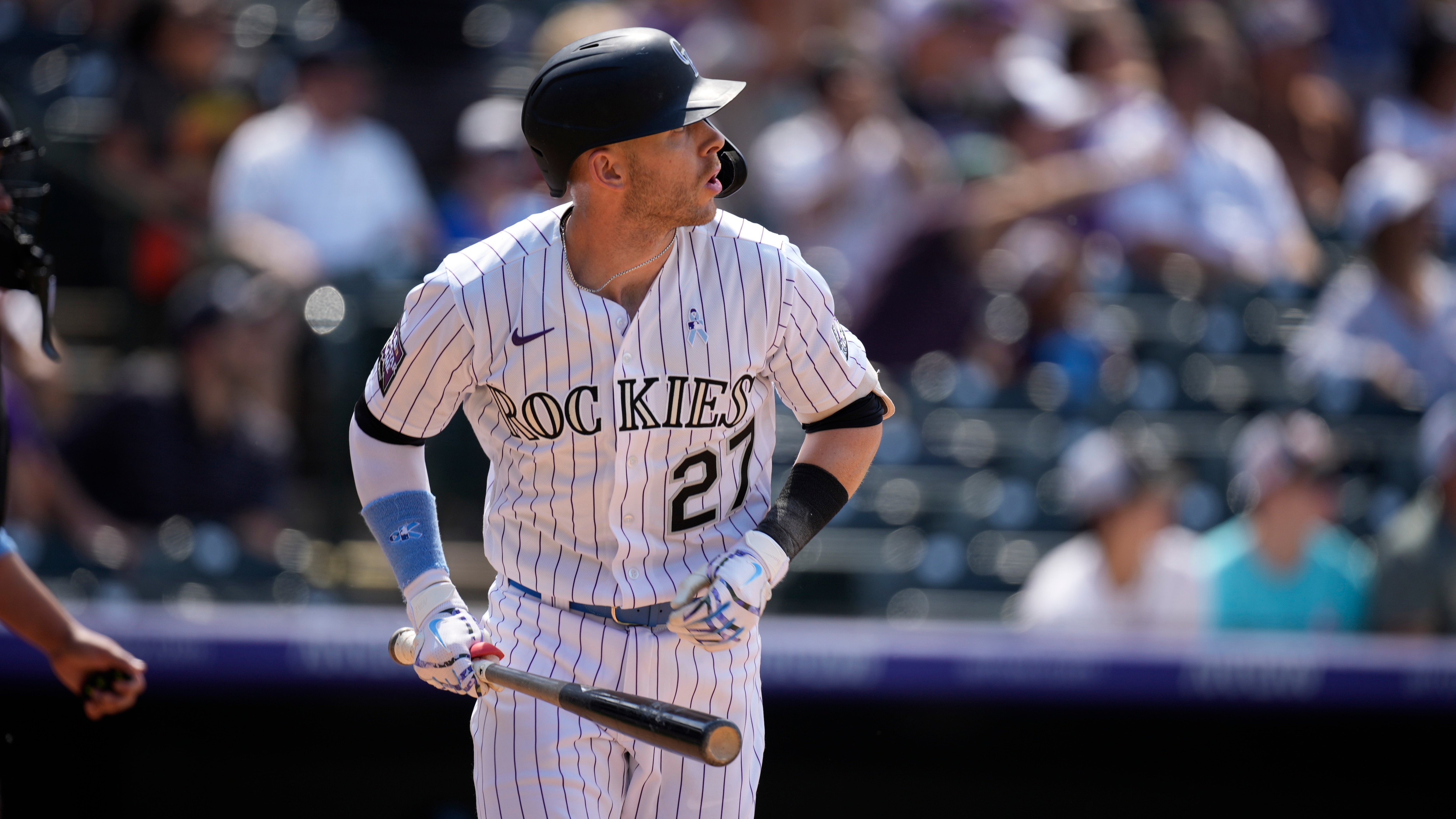 Colorado Rockies shortstop Trevor Story (27) in the sixth inning of a baseball game Sunday, June 20, 2021, in Denver. (AP Photo/David Zalubowski)