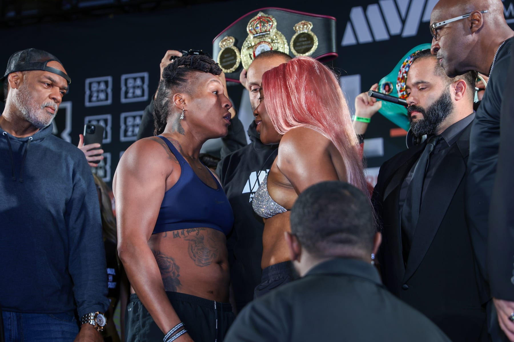 ORLANDO, FL - DECEMBER 14: Shadasia Green (L) and Franchon Crews Dezurn face off during the Jake Paul v Andre August - Weigh-in at the Caribe Royale Orlando on December 14, 2023 in Orlando, Florida. (Photo by Alex Menendez/Getty Images)