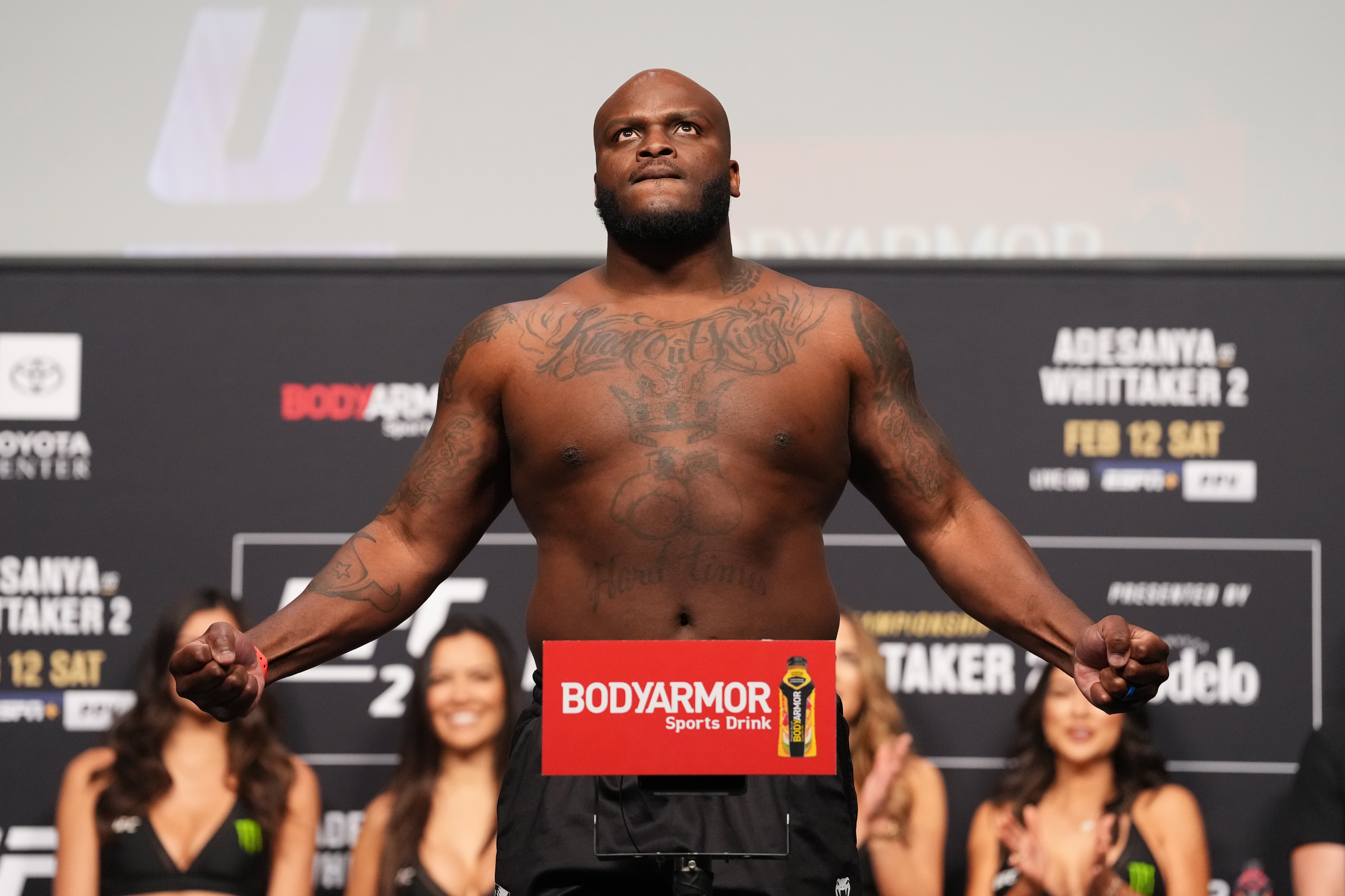 HOUSTON, TEXAS - FEBRUARY 11:  Derrick Lewis poses on the scale during the UFC 271 ceremonial weigh-in at Toyota Center on February 11, 2022 in Houston, Texas. (Photo by Josh Hedges/Zuffa LLC)