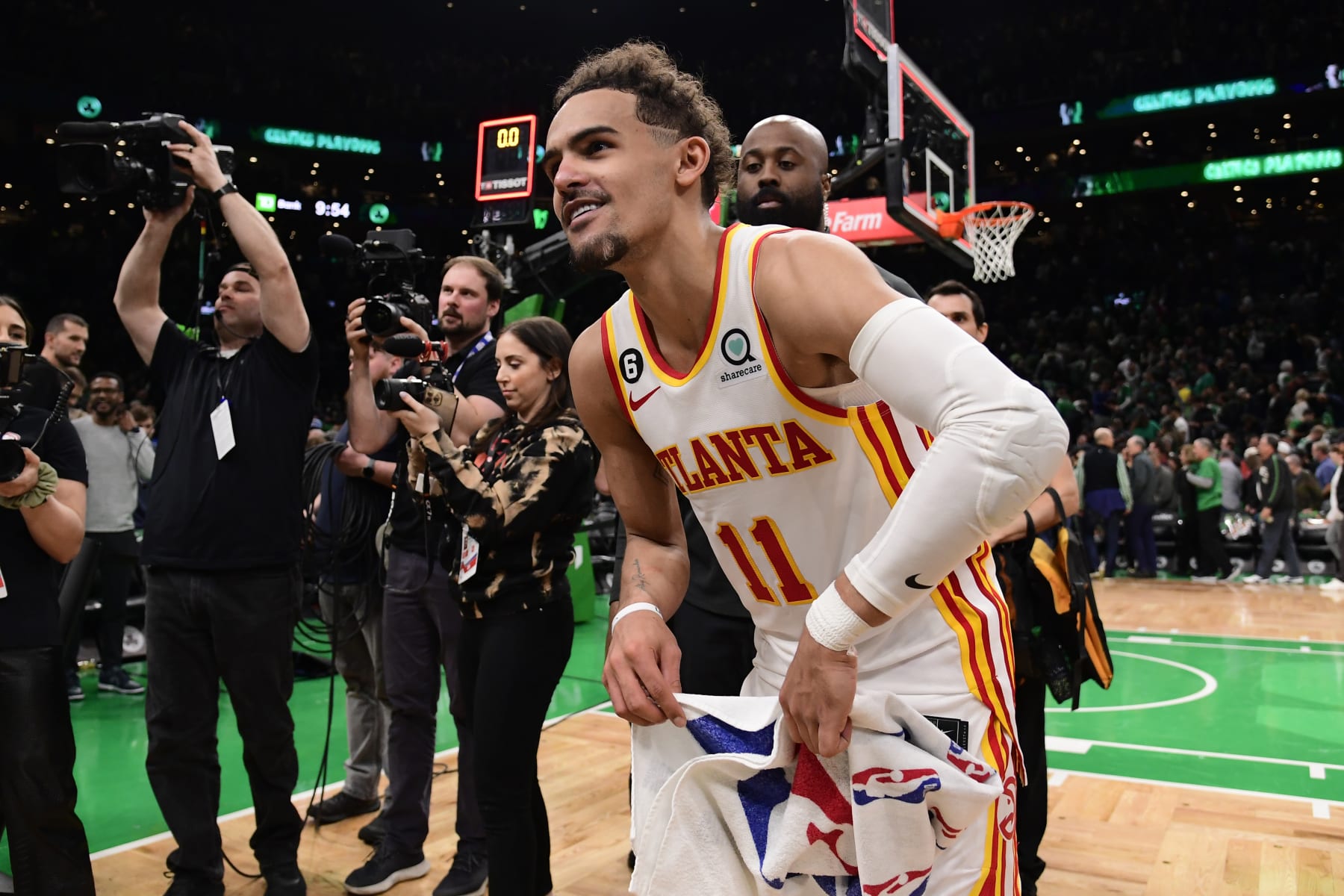 BOSTON, MA - APRIL 25: Trae Young #11 of the Atlanta Hawks smiles after the game against the Boston Celtics during Round One Game Five of the 2023 NBA Playoffs on April 25, 2023 at the TD Garden in Boston, Massachusetts. NOTE TO USER: User expressly acknowledges and agrees that, by downloading and or using this photograph, User is consenting to the terms and conditions of the Getty Images License Agreement. Mandatory Copyright Notice: Copyright 2023 NBAE  (Photo by Brian Babineau/NBAE via Getty Images)
