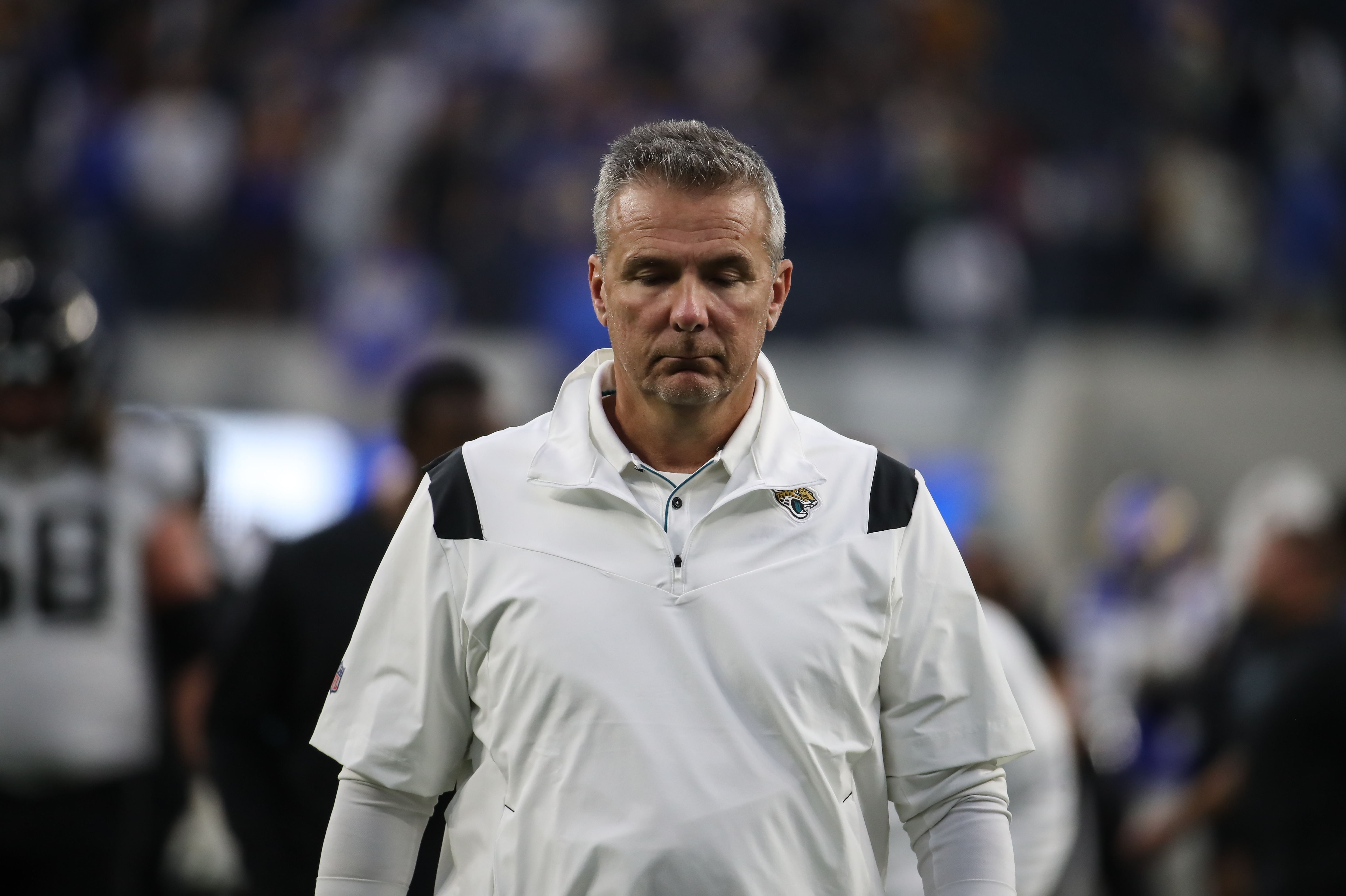 INGLEWOOD, CA - DECEMBER 5: Jacksonville Jaguars head coach Urban Meyer during the Jacksonville Jaguars vs Los Angeles Rams game on Sunday December 5, 2021 at SoFi Stadium in Inglewood, CA. (Photo by Jevone Moore/Icon Sportswire via Getty Images) INGLEWOOD, CA - DECEMBER 5: Jacksonville Jaguars head coach Urban Meyer during the Jacksonville Jaguars vs Los Angeles Rams game on Sunday December 5, 2021 at SoFi Stadium in Inglewood, CA. (Photo by Jevone Moore/Icon Sportswire via Getty Images)