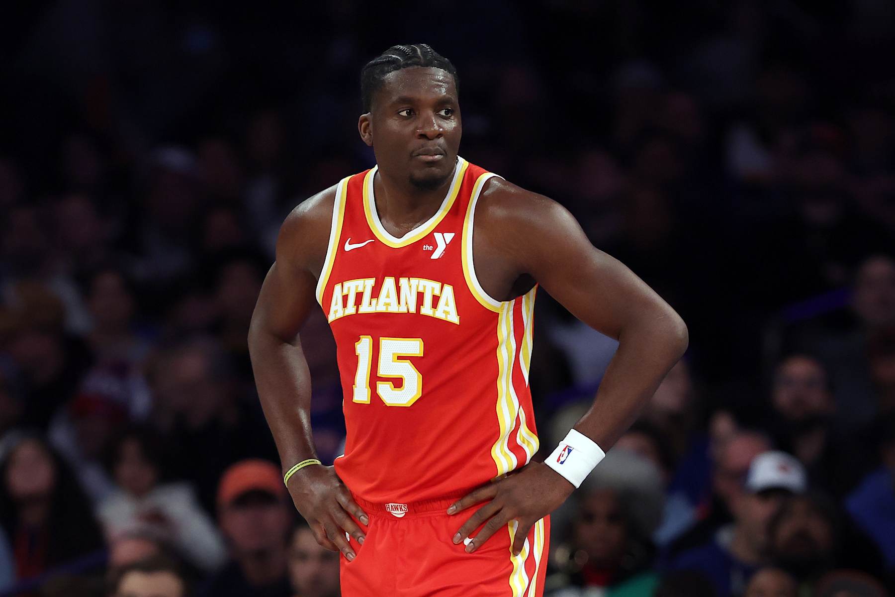NEW YORK, NEW YORK - JANUARY 20: Clint Capela #15 of the Atlanta Hawks in action during the game against the New York Knicks at Madison Square Garden on January 20, 2025 in New York City. The Knicks won 119-110. NOTE TO USER: User expressly acknowledges and agrees that, by downloading and or using this photograph, User is consenting to the terms and conditions of the Getty Images License Agreement. (Photo by Sarah Stier/Getty Images)
