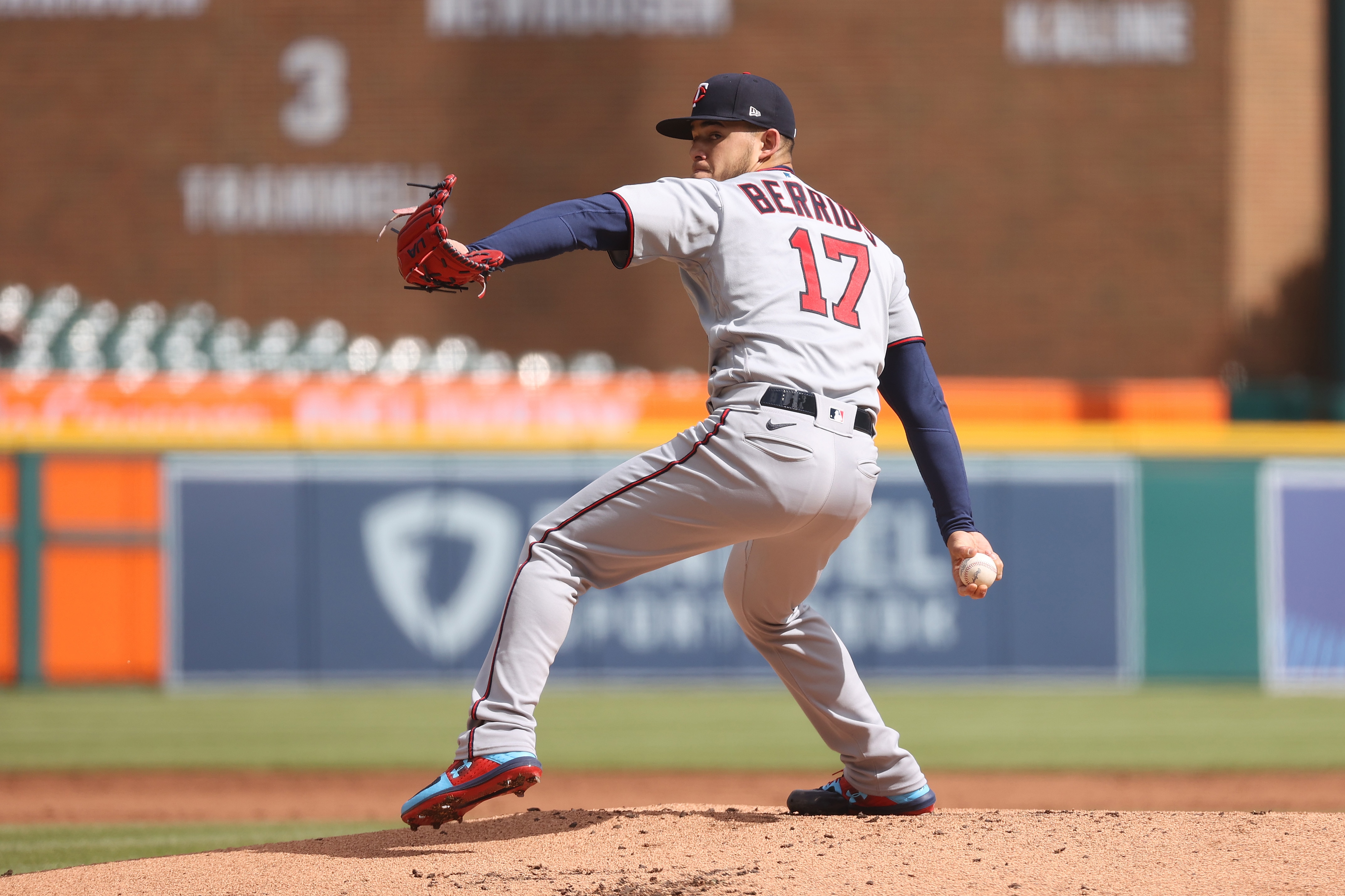 DETROIT, MICHIGAN - MAY 08: Jose Berrios #17 of the Minnesota Twins throws a first inning pitch against the Detroit Tigers at Comerica Park on May 08, 2021 in Detroit, Michigan. (Photo by Gregory Shamus/Getty Images)