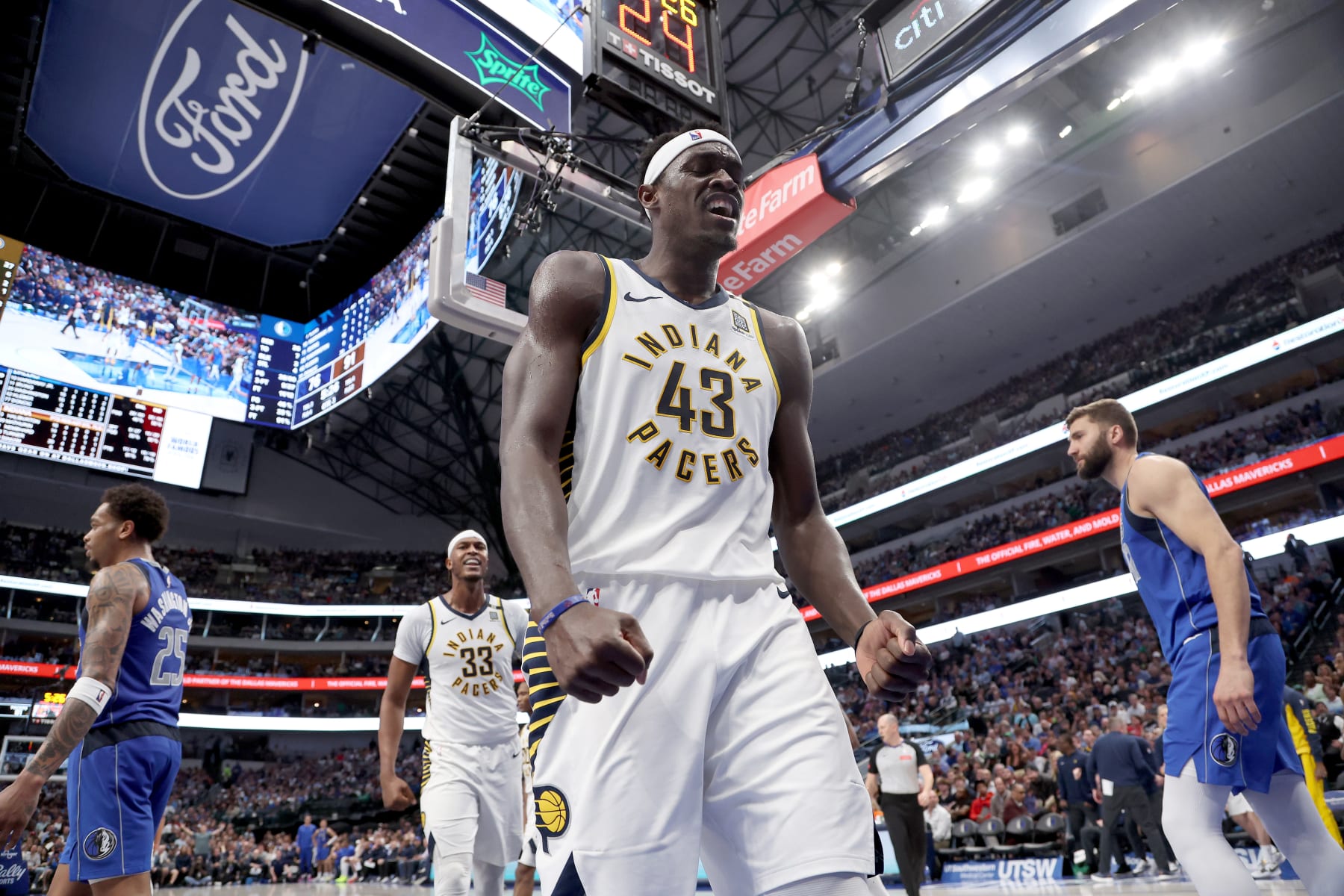 DALLAS, TEXAS - MARCH 05: Pascal Siakam #43 of the Indiana Pacers reacts after making a basket against the Dallas Mavericks in the second half at American Airlines Center on March 05, 2024 in Dallas, Texas. NOTE TO USER: User expressly acknowledges and agrees that, by downloading and or using this photograph, User is consenting to the terms and conditions of the Getty Images License Agreement. (Photo by Tim Heitman/Getty Images)