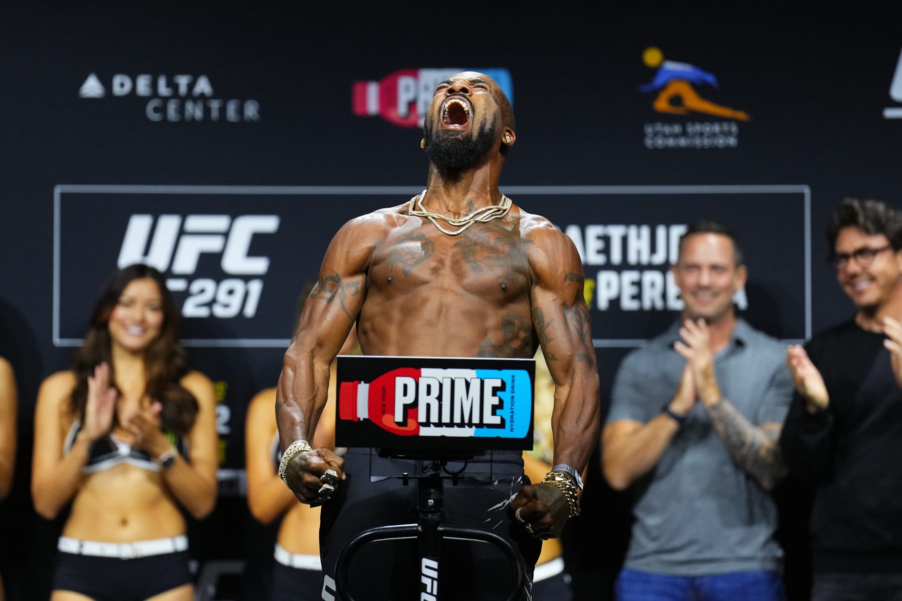 SALT LAKE CITY, UTAH - JULY 28:  Bobby Green poses on the scale during the UFC 291 ceremonial weigh-in at Delta Center on July 28, 2023 in Salt Lake City, Utah. (Photo by Josh Hedges/Zuffa LLC via Getty Images)