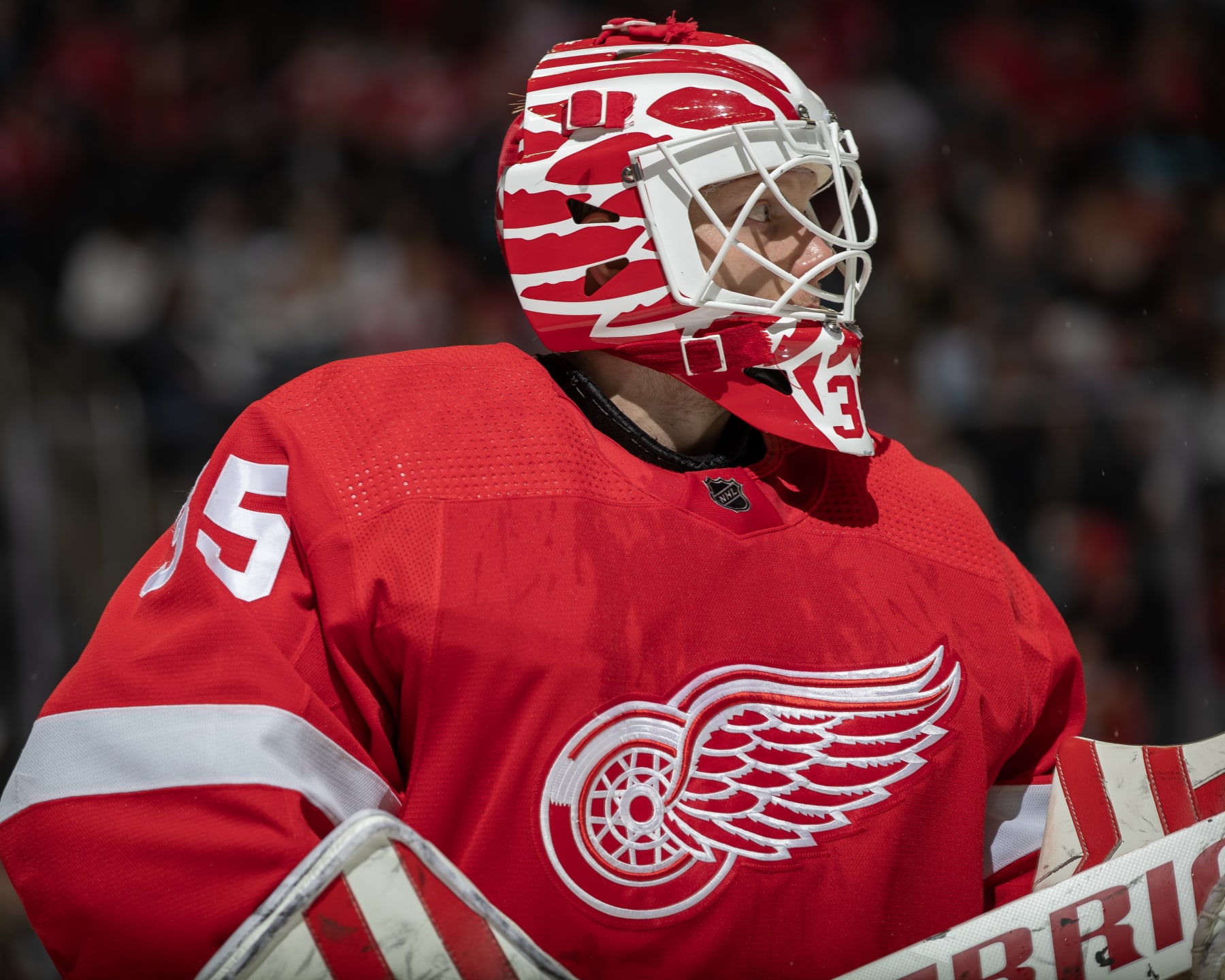 DETROIT, MI - OCTOBER 24: Ville Husso #35 of the Detroit Red Wings skates around on a play stoppage during the second period against the Seattle Kraken at Little Caesars Arena on October 24, 2023 in Detroit, Michigan. Seattle defeated Detroit 5-4. (Photo by Dave Reginek/NHLI via Getty Images)