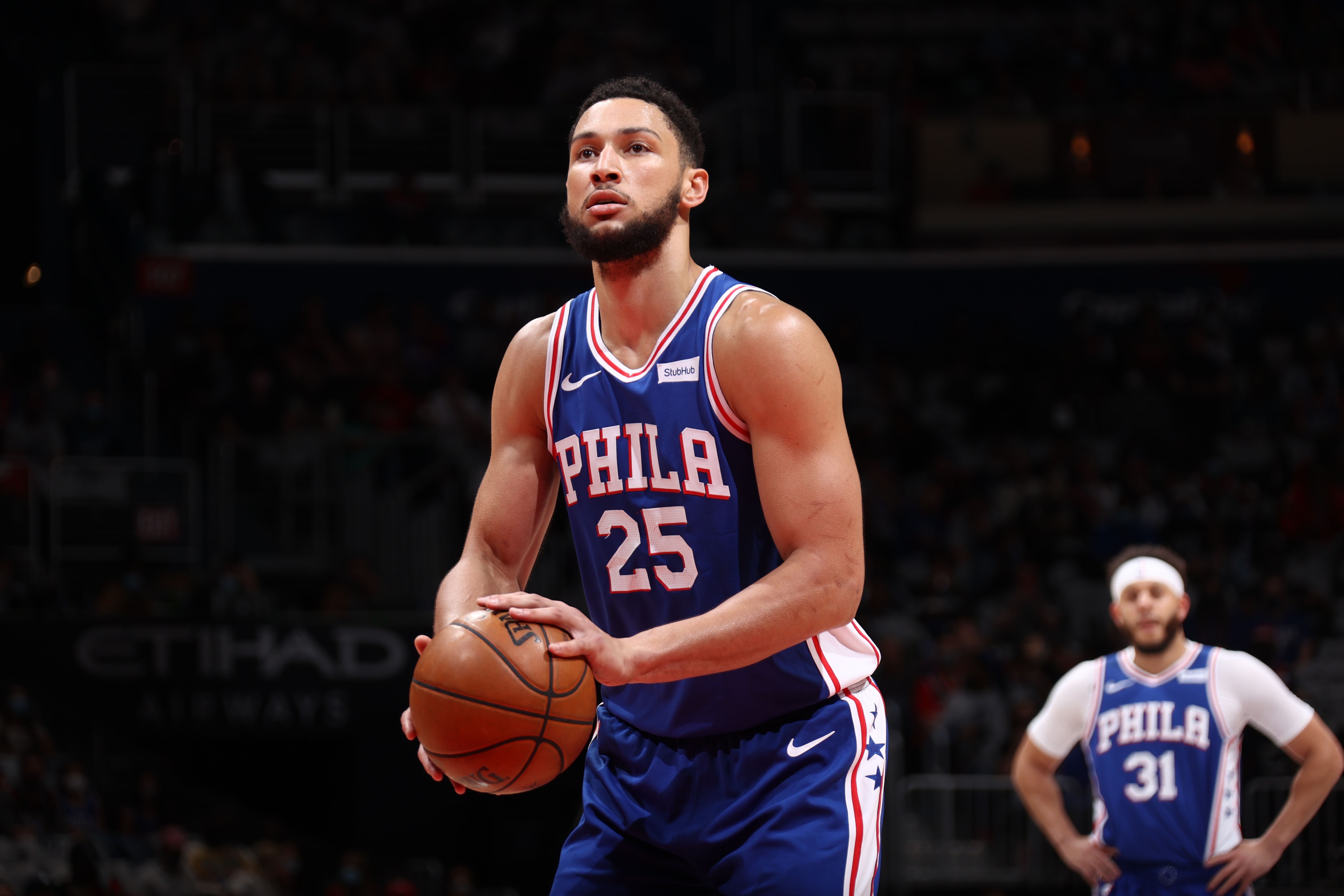 WASHINGTON, DC -  MAY 31: Ben Simmons #25 of the Philadelphia 76ers shoots a free throw during the game against the Washington Wizards during Round 1, Game 4 of the 2021 NBA Playoffs on May 31, 2021 at Capital One Arena in Washington, DC. NOTE TO USER: User expressly acknowledges and agrees that, by downloading and or using this Photograph, user is consenting to the terms and conditions of the Getty Images License Agreement. Mandatory Copyright Notice: Copyright 2021 NBAE (Photo by Stephen Gosling/NBAE via Getty Images)