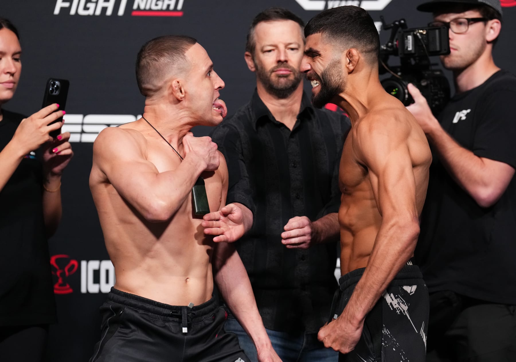 LAS VEGAS, NEVADA - JUNE 02: (L-R) Opponents Kai Kara-France of New Zealand and Amir Albazi of Iraq face off during the UFC Fight Night weigh-in at UFC APEX on June 02, 2023 in Las Vegas, Nevada. (Photo by Chris Unger/Zuffa LLC via Getty Images)