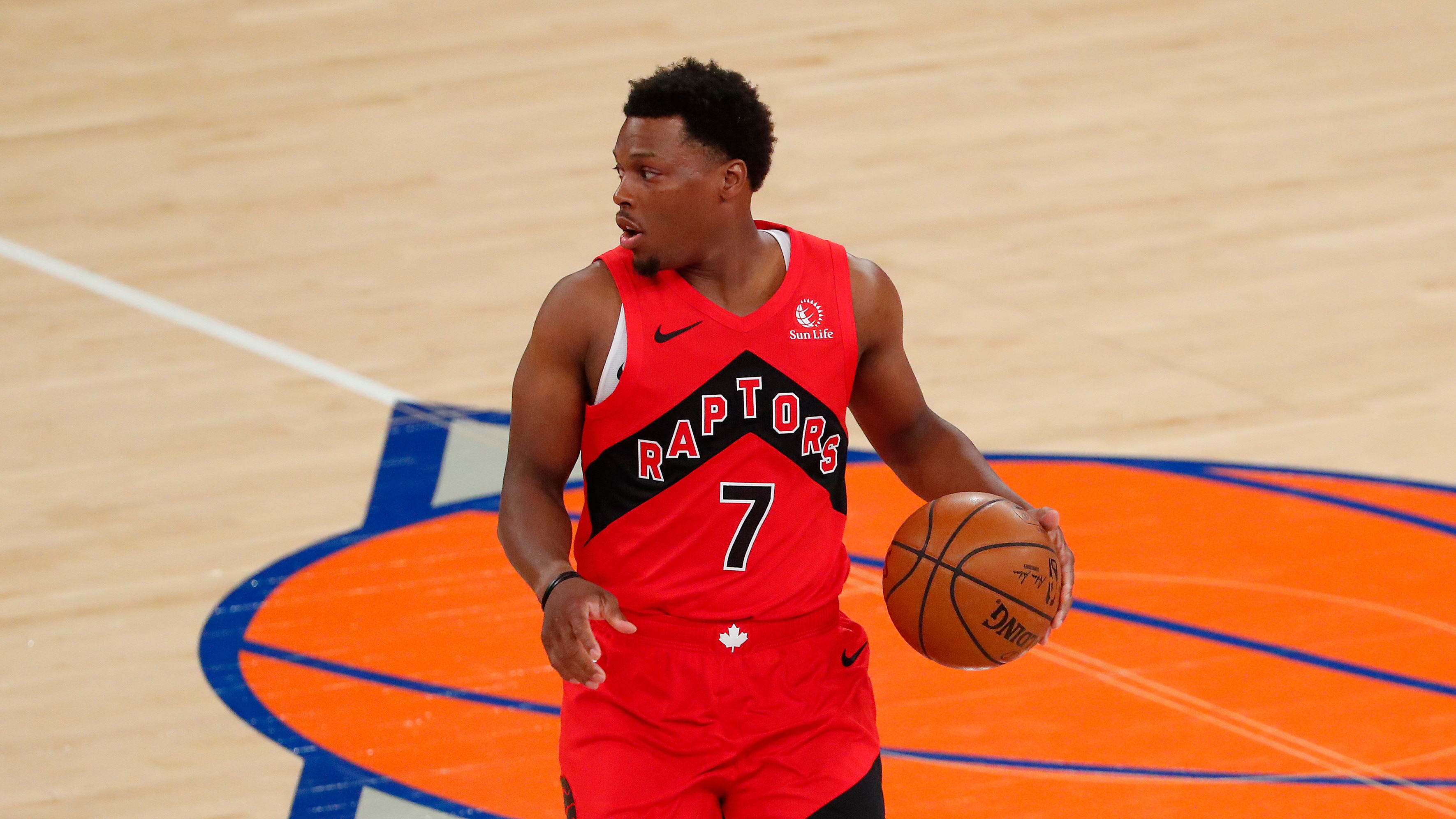 Toronto Raptors guard Kyle Lowry (7) dribbles the ball against the New York Knicks during the first half of an NBA basketball game Saturday, April 24,2021, in New York. (AP Photo/Noah K. Murray,Pool)