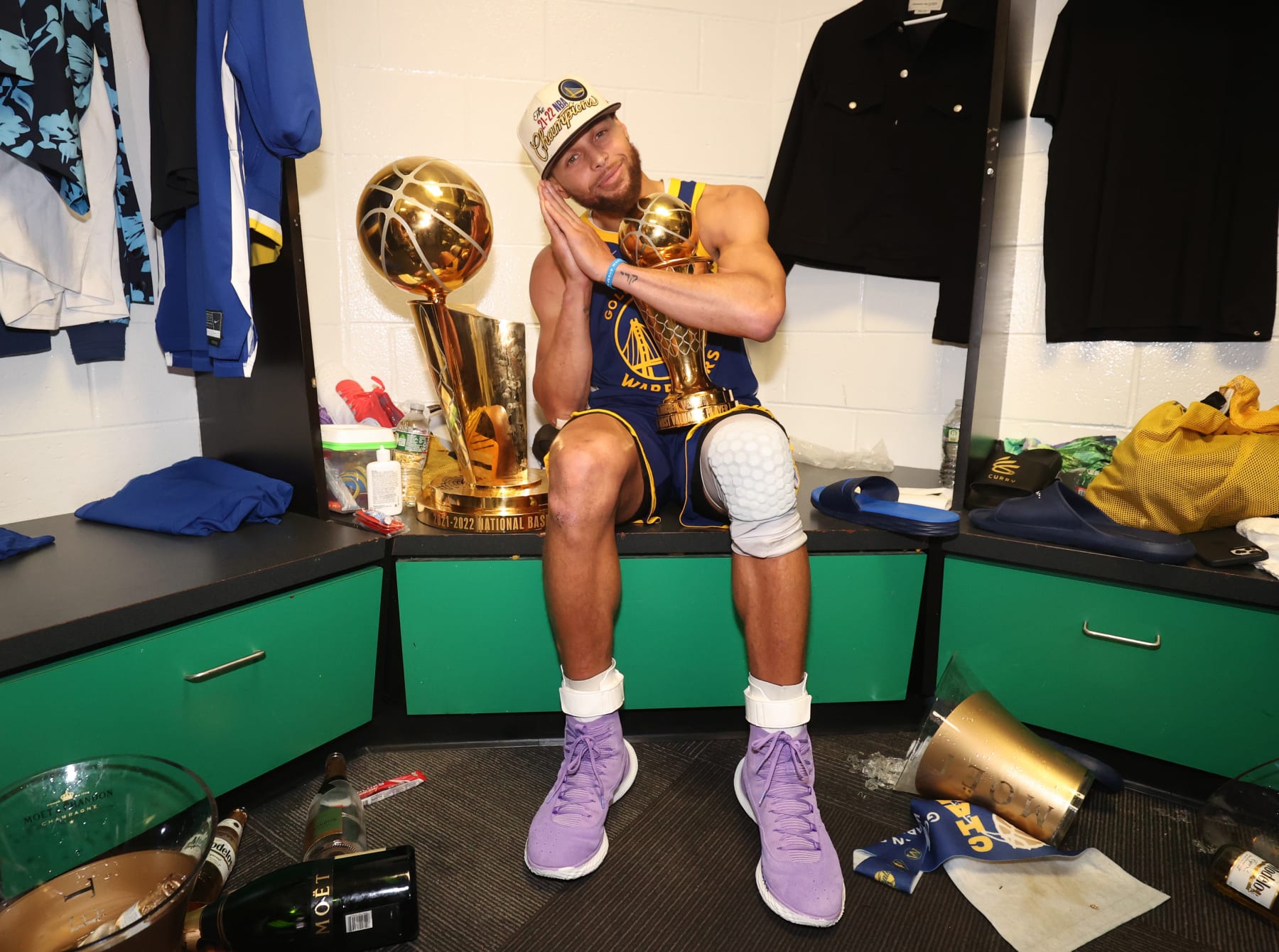 BOSTON, MA - JUNE 16: Stephen Curry #30 of the Golden State Warriors celebrates with the Bill Russell NBA Finals MVP Award after Game Six of the 2022 NBA Finals on June 16, 2022 at TD Garden in Boston, Massachusetts. NOTE TO USER: User expressly acknowledges and agrees that, by downloading and or using this photograph, user is consenting to the terms and conditions of Getty Images License Agreement. Mandatory Copyright Notice: Copyright 2022 NBAE (Photo by Nathaniel S. Butler/NBAE via Getty Images)