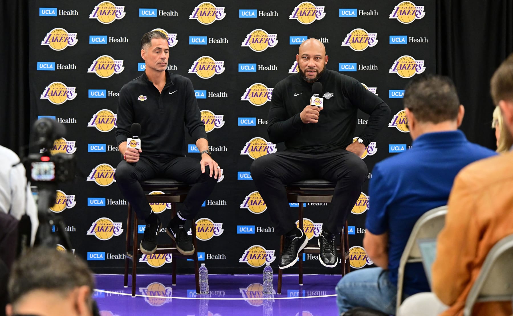 Los Angeles Lakers' new head coach Darvin Ham (R) and Los Angeles Lakers VP of Operations Rob Pelinka (L) speak to members of the press during the Lakers media day in El Segundo, California, on September 26, 2022. (Photo by Frederic J. BROWN / AFP) (Photo by FREDERIC J. BROWN/AFP via Getty Images) Los Angeles Lakers' new head coach Darvin Ham (R) and Los Angeles Lakers VP of Operations Rob Pelinka (L) speak to members of the press during the Lakers media day in El Segundo, California, on September 26, 2022. (Photo by Frederic J. BROWN / AFP) (Photo by FREDERIC J. BROWN/AFP via Getty Images)