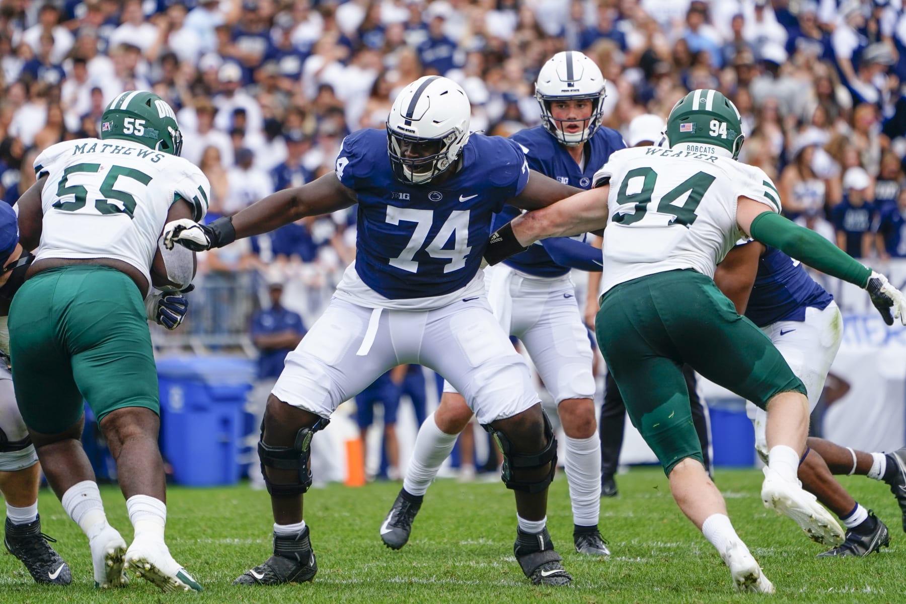 UNIVERSITY PARK, PA - SEPTEMBER 10: Penn State Nittany Lions Offensive Lineman Olumuyiwa Fashanu (74) blocks during the second half of the College Football game between the Ohio Bobcats and Penn State Nittany Lions on September 10, 2022, at Beaver Stadium in University Park, PA. (Photo by Gregory Fisher/Icon Sportswire via Getty Images)