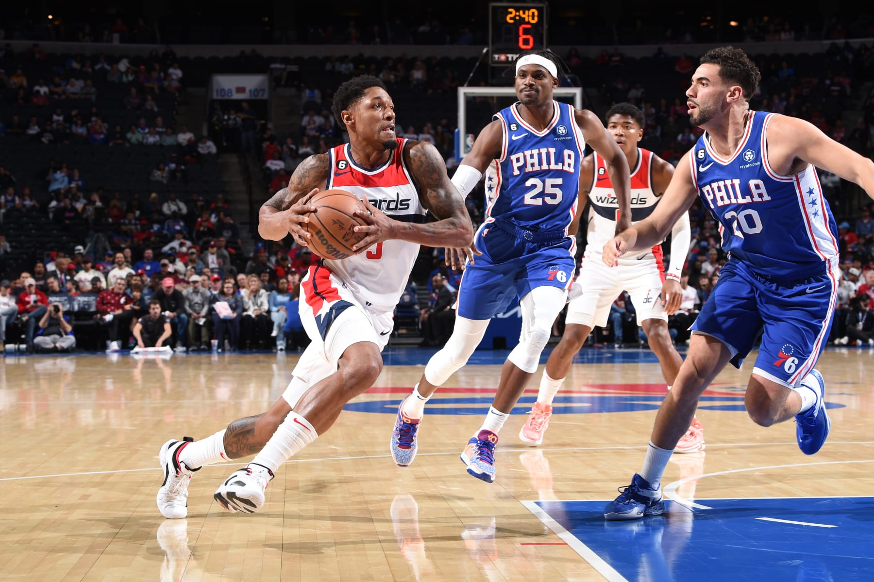 PHILADELPHIA, PA - NOVEMBER 2: Bradley Beal #3 of the Washington Wizards drives to the basket during the game against the Philadelphia 76ers on November 2, 2022 at the Wells Fargo Center in Philadelphia, Pennsylvania NOTE TO USER: User expressly acknowledges and agrees that, by downloading and/or using this Photograph, user is consenting to the terms and conditions of the Getty Images License Agreement. Mandatory Copyright Notice: Copyright 2022 NBAE (Photo by David Dow/NBAE via Getty Images) PHILADELPHIA, PA - NOVEMBER 2: Bradley Beal #3 of the Washington Wizards drives to the basket during the game against the Philadelphia 76ers on November 2, 2022 at the Wells Fargo Center in Philadelphia, Pennsylvania NOTE TO USER: User expressly acknowledges and agrees that, by downloading and/or using this Photograph, user is consenting to the terms and conditions of the Getty Images License Agreement. Mandatory Copyright Notice: Copyright 2022 NBAE (Photo by David Dow/NBAE via Getty Images)