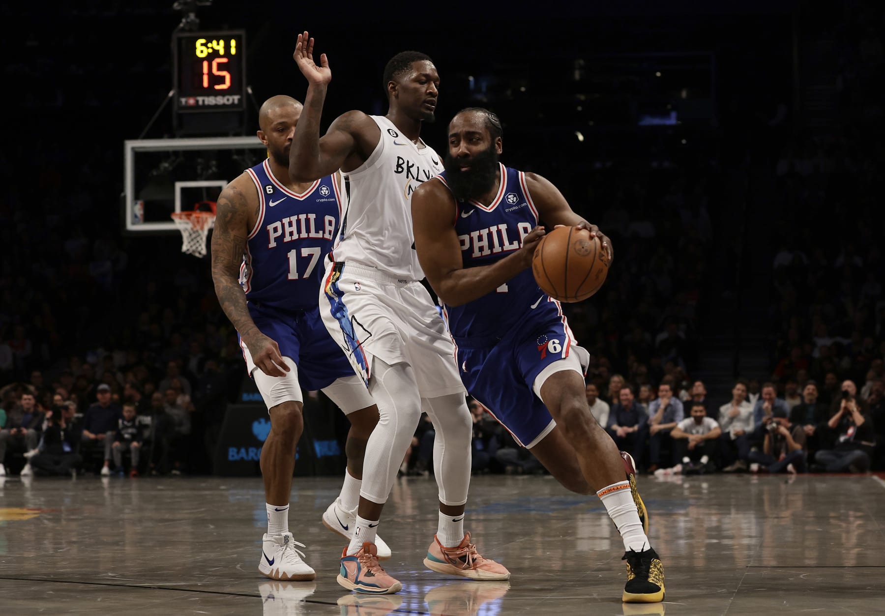 NEW YORK, NEW YORK - FEBRUARY 11: (NEW YORK DAILIES OUT)  James Harden #1 of the Philadelphia 76ers in action against the Brooklyn Nets at Barclays Center on February 11, 2023 in New York City. The 76ers defeated the Nets 101-98. NOTE TO USER: User expressly acknowledges and agrees that, by downloading and or using this photograph, User is consenting to the terms and conditions of the Getty Images License Agreement. (Photo by Jim McIsaac/Getty Images)