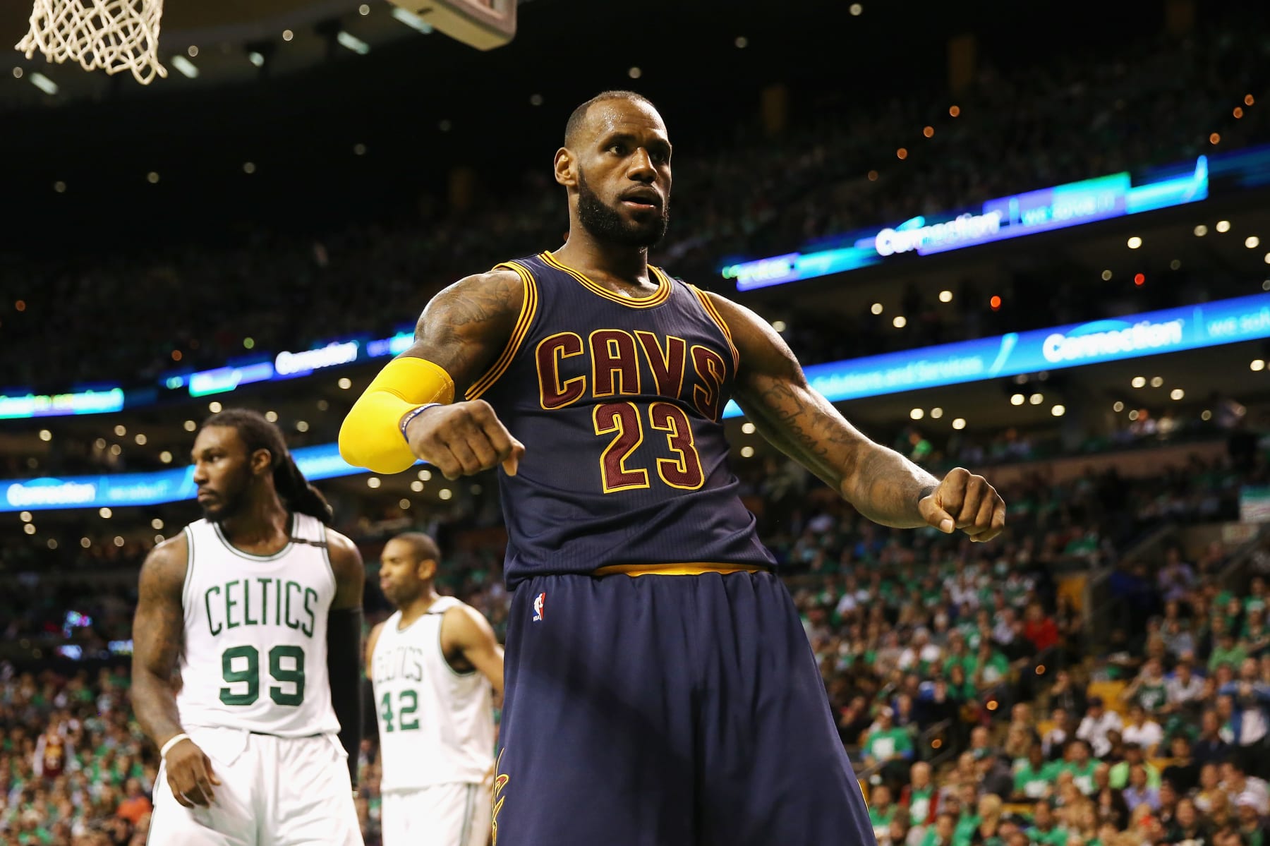 BOSTON, MA - MAY 25:  LeBron James #23 of the Cleveland Cavaliers celebrates his dunk in the third quarter as Jae Crowder #99 of the Boston Celtics looks on during Game Five of the 2017 NBA Eastern Conference Finals at TD Garden on May 25, 2017 in Boston, Massachusetts. NOTE TO USER: User expressly acknowledges and agrees that, by downloading and or using this photograph, User is consenting to the terms and conditions of the Getty Images License Agreement.  (Photo by Elsa/Getty Images)