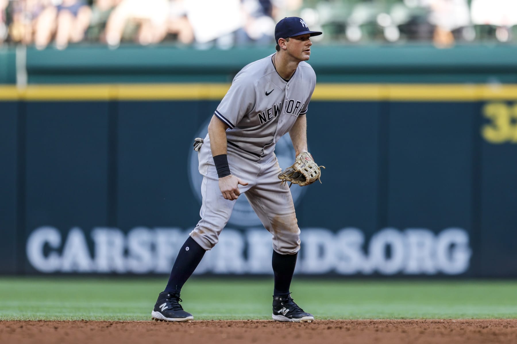 ARLINGTON, TX - OCTOBER 05: New York Yankees third baseman DJ LeMahieu (26) waits for the pitch during the game between the Texas Rangers and the New York Yankees on October 5, 2022 at Globe Life Field in Arlington, Texas. (Photo by Matthew Pearce/Icon Sportswire via Getty Images)