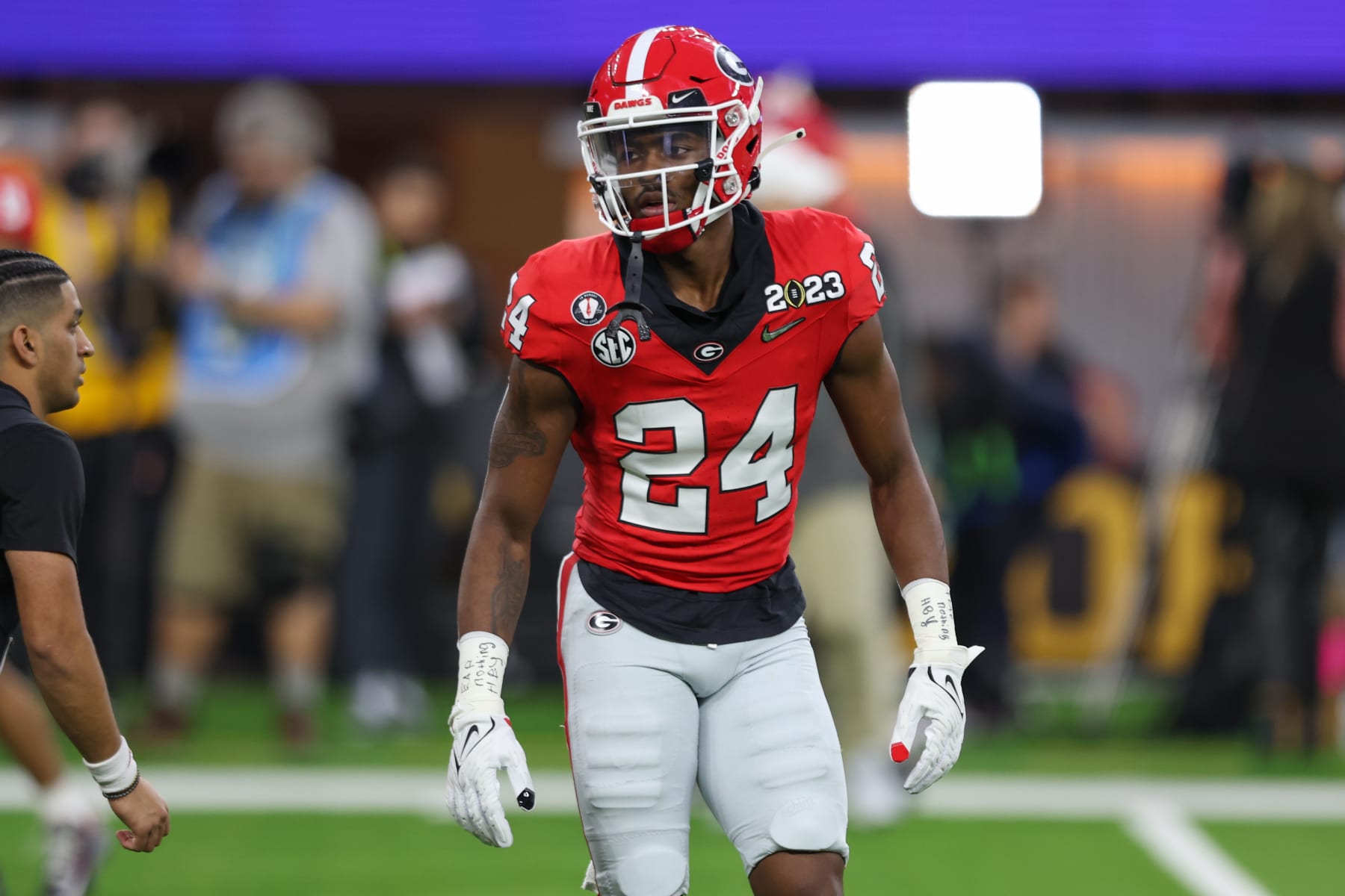 INGLEWOOD, CA - JANUARY 09: Georgia Bulldogs defensive back Malaki Starks (24) warms up during the Georgia Bulldogs game versus the TCU Horned Frogs in the College Football Playoff National Championship game on January 9, 2023, at SoFi Stadium in Inglewood, CA. (Photo by Jordon Kelly/Icon Sportswire via Getty Images)