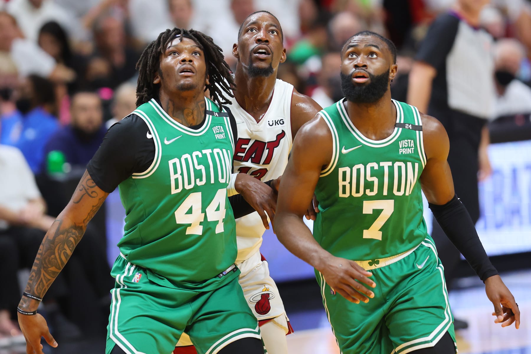 MIAMI, FLORIDA - MAY 19: Robert Williams III #44 and Jaylen Brown #7 of the Boston Celtics battle for a rebound with Bam Adebayo #13 of the Miami Heat in Game Two of the 2022 NBA Playoffs Eastern Conference Finals at FTX Arena on May 19, 2022 in Miami, Florida. NOTE TO USER: User expressly acknowledges and agrees that, by downloading and or using this photograph, User is consenting to the terms and conditions of the Getty Images License Agreement. (Photo by Michael Reaves/Getty Images)