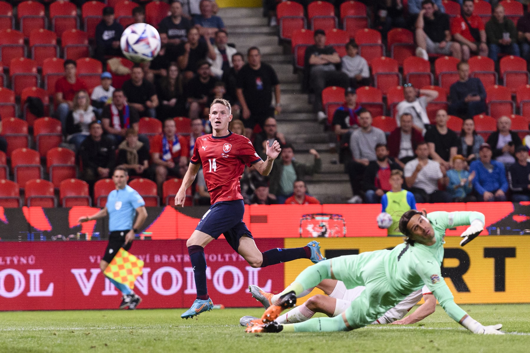 PRAGUE, CZECH REPUBLIC - JUNE 02: Jakub Jankto of Czech Republic (L) attempts a kick while being defended by Fabian Schar of Switzerland (C) and Goalkeeper Yann Sommer of Switzerland (R) during the UEFA Nations League League A Group 2 match between Czech Republic and Switzerland at Sinobo Stadium on June 2, 2022 in Prague, Czech Republic. (Photo by Marcio Machado/Eurasia Sport Images/Getty Images)