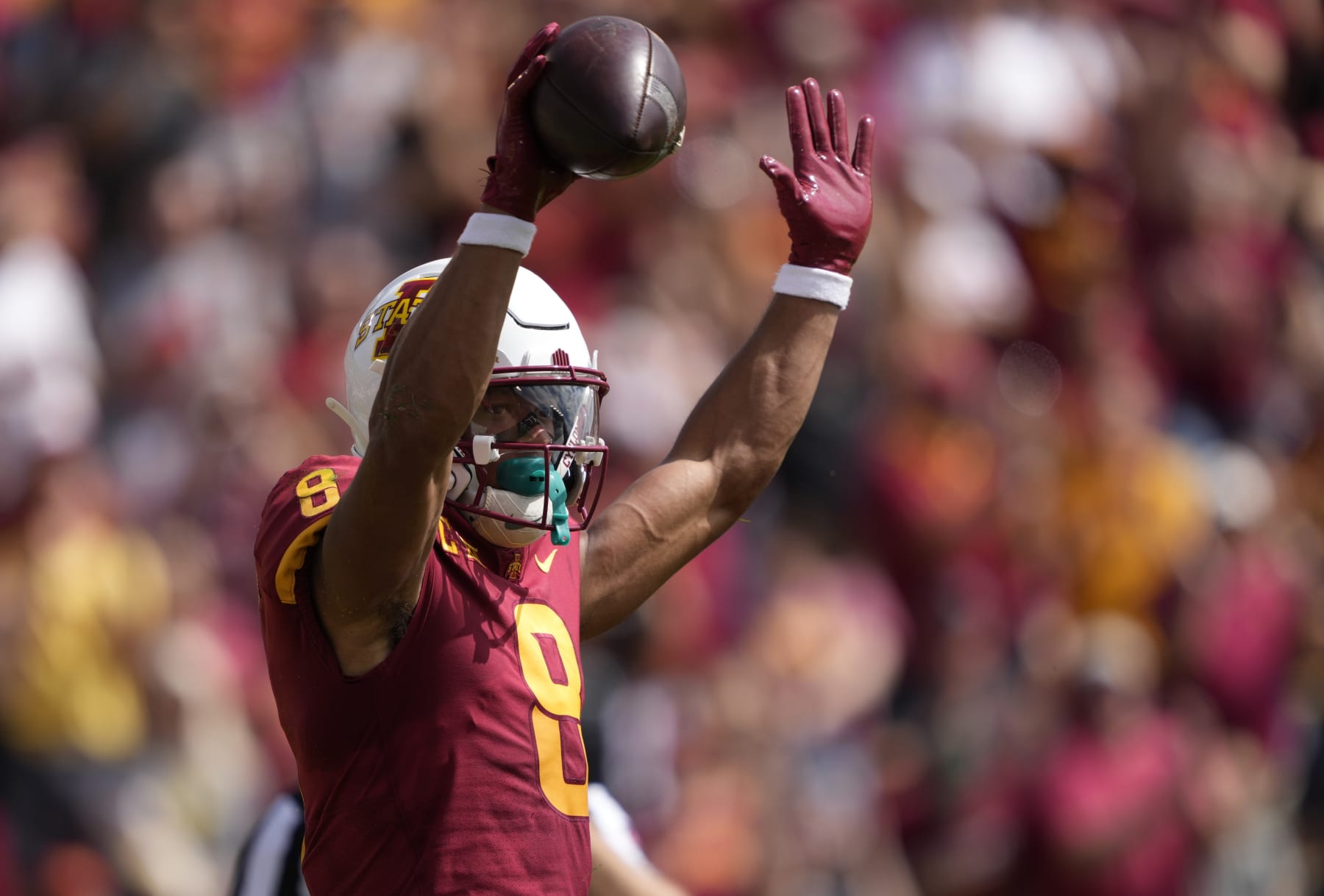 Iowa State wide receiver Xavier Hutchinson (8) celebrates a touchdown during the first half of an NCAA college football game against Southeast Missouri State, Saturday, Sept. 3, 2022, in Ames, Iowa. (AP Photo/Matthew Putney)