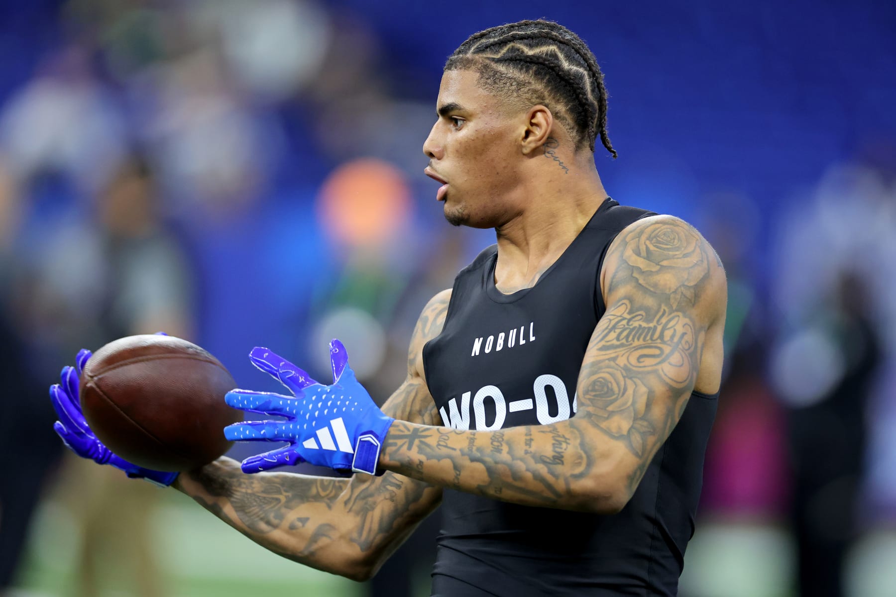 INDIANAPOLIS, INDIANA - MARCH 02: Keon Coleman #WO04 of Florida State participates in a drill during the NFL Combine at Lucas Oil Stadium on March 02, 2024 in Indianapolis, Indiana. (Photo by Stacy Revere/Getty Images)
