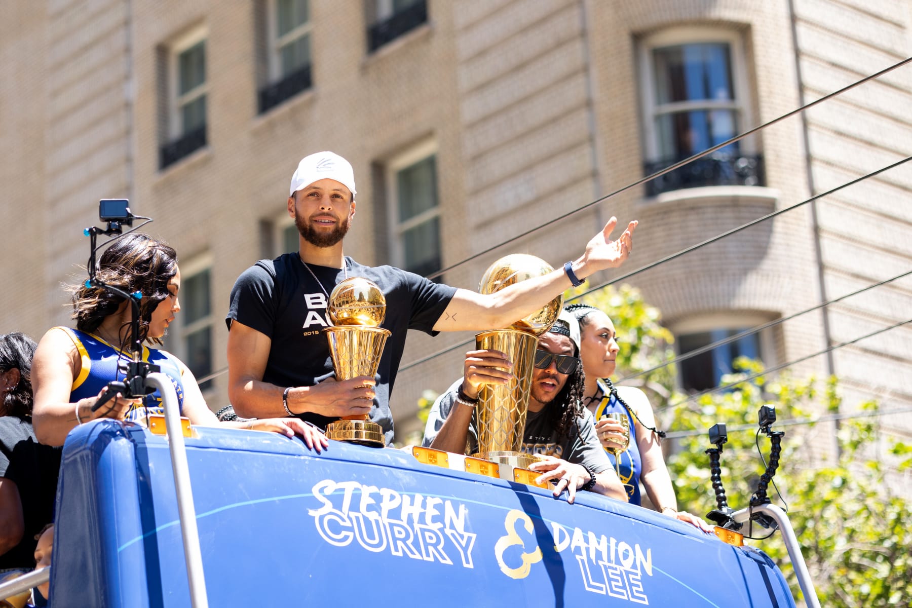 SAN FRANCISCO, CA - JUNE 20: Stephen Curry #30 of the Golden State Warriors holding the Bill Russell NBA Finals MVP Award during their 2022 Victory Parade & Rally on June 20, 2022 at Chase Center in San Francisco, California. NOTE TO USER: User expressly acknowledges and agrees that, by downloading and or using this photograph, user is consenting to the terms and conditions of Getty Images License Agreement. Mandatory Copyright Notice: Copyright 2022 NBAE (Photo by Oscar Urizar/NBAE via Getty Images)