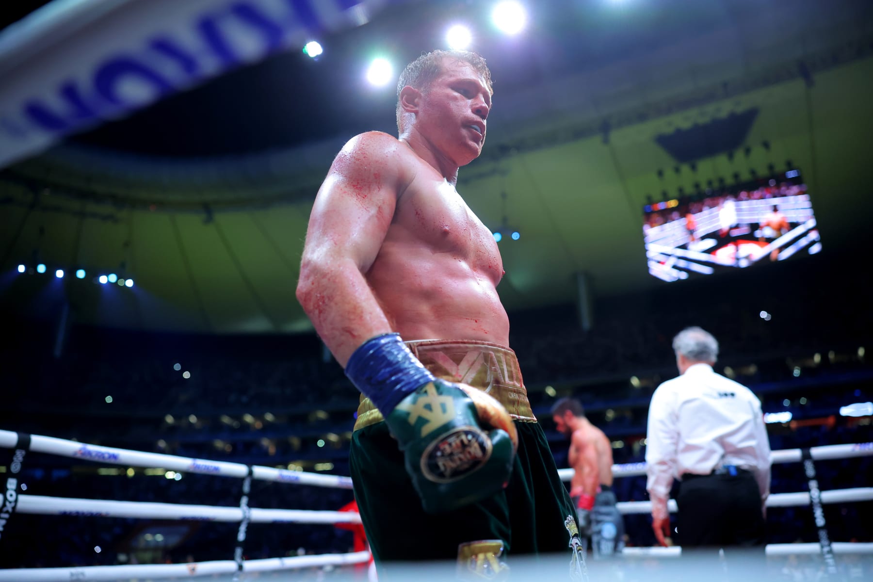 ZAPOPAN, MEXICO - MAY 06: Canelo Alvarez of Mexico looks on during the fight for the Super Middleweight Championship at Akron Stadium on May 06, 2023 in Zapopan, Mexico. (Photo by Hector Vivas/Getty Images)